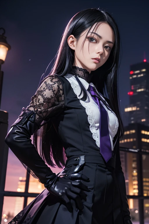 (night Mitaka)、Uniform、Cool Beauty、Long black hair、The face of victory、Upper Body、(night)、Chainsaw Man、(Yorumi Taka)、((Save face image)、((Alone)).((woman)).(one piece Uniform).(high school student)、Purple lace gloves、Gothic Lace Arm Covers.((Make your eyes beautiful:1.3)).((Balancing the eyes)).