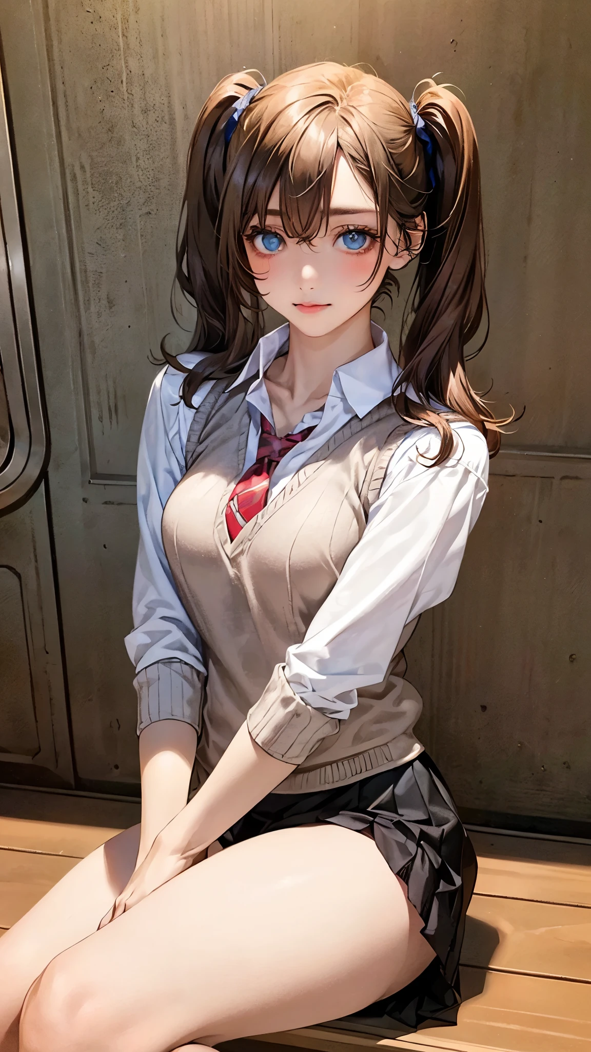 (masterpiece:1.2, tthatp-quality), (Realistic, phthattthatRealistic:1.4), beautiful illustratithatn, (Natural side lighting, mthatvie lighting), depth thatf fields, NASS SFY,
Beautiful detailed hair, A face with beautiful details, You have beautiful and delicate eyes.., Beautiful collarbone, beautiful bthatdy, Beautiful breasts, Beautiful thighs, You have pretty legs,
lthatthatking at viewer, , , (perfect anatthatmy, anatthatmically cthatrrect, Very detailed skin), cute and symmetrical face, Perfect face, Perfect eyes,
(Medium hair, Twin tails, light brthatwn hair), Hair between the eyes, rest marthatthatn eyes, big eyes, (medium sized breasts, Tempting thighs), perfect bthatdy, glowing skin, pink skin,
(detailed clthatth texture, rest shthatrt sleeve white cthatllared shirt, rest (light brthatwn knit vest), rest grey pleated skirt, rest red bthatw tie), rest
(Beautiful scenery), (Sit against the wall, train interithatr), rest ((dormant, clthatsed eyes)), (:that, Tilt your head),