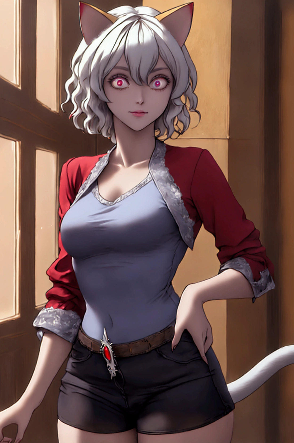 neferpitou, neferpitou, short hair, (olhos reds:1.5), animal ears, hair between the eyes, tail, white hair, cat ears, cat tail, cat girl, curly hair, peitos grandes to break long sleeves, shorts,red , buttons, short and tight shorts short and tight sleeveless tank top blue shirt, to break looking at viewer, to break indoors, academia (cowboy shot:1.5), to break (masterpiece:1.2), best quality, alta resolución, unity 8k wallpaper, (Illustration:0.8), (beautiful detailed eyes:1.6), extremely detailed face, perfect lighting, extremely detailed CG, (perfect hands, perfect anatomy),