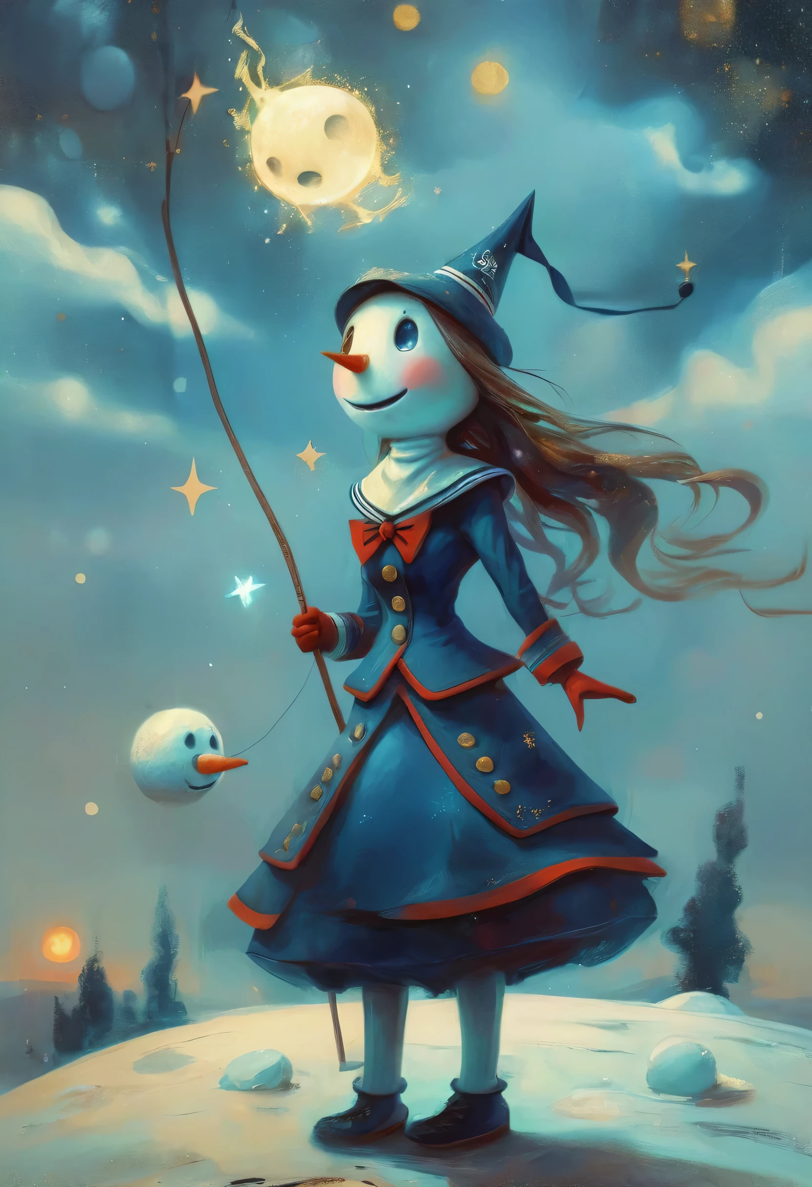 panoramic, whole body, (Cute and attractive woman, Sailor Uniform) 、School and snowman、Long Hair、Starry Night, ((Matthias_Adleson Style!)), Hazy atmosphere, Surrealism, The absurdity of kindness, Attraction and rejection of chaotic appearances, The art of simple magic, primitivism, Protogen, , ((Best Quality, masterpiece)), ((More detailed)), (impression:1.2), 8k