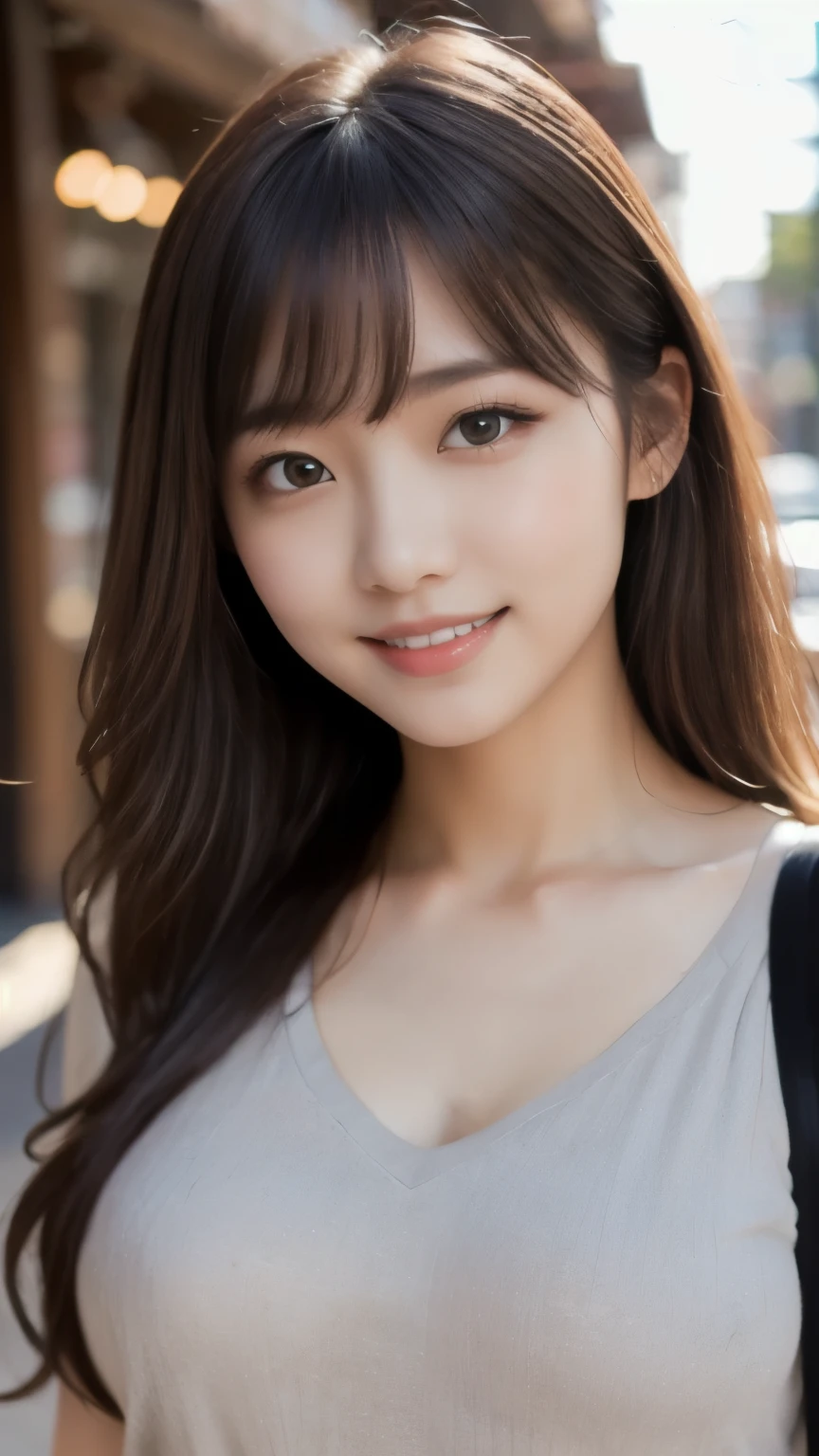 8k、Highest quality、Ultra-wide-angle lens、(Representative Works:1.2)、(Real)、(Real:1.37)、Ultra-high resolution、One female college student、Droopy eyes、Beautiful teeth alignment、smile、Well-formed fingers、Long Hair、Around town、(Casual clothes are cute)、Big Breasts、Perfect Body、Perfect Fingers、Beautiful Skin、Professional Lighting、gravure、Face and skin details、Microparticles、RAW Photos