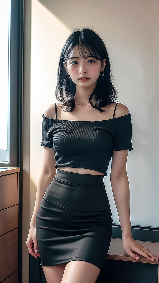 masterpiece, best quality, illustration, Super detailed, fine details, High resolution, 8K,wall paper, perfect dynamic composition, full body photo, front view, standing, (Details High quality, realistic depiction of eyes:1.3), 18 year old girl, Gravure Idol, cute type, large breasts, short bob hair, black hair color, Dark makeup, Big Natural Color Lip, thick thighs, perfect body shape, plump figure, White Ruffle Shirt, off shoulder strapless, Black miniskirt, Fishnet tights, platform leather shoes, necklace, earrings, messy room, dim lighting