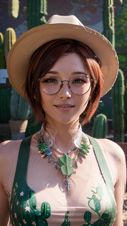 portrait, close-up, upper body. Short red hair, green eyes, glasses with metal frames, button down shirt, cowboy hat, joyful smile, cheerful girl . (masterpiece, top quality, best quality, official art, beautiful and aesthetically pleasing:1.2), extremely detailed,(fractal art:1.2),Colorful,The most detailed, (dynamic pose), (cactus background:1.5), (many flowers:1.4). ((SPLIT. Skin texture, shiny skin. elegance. photorealism. unreal engine. 3D model. Ultra high quality textures. high detail. permission 8k))