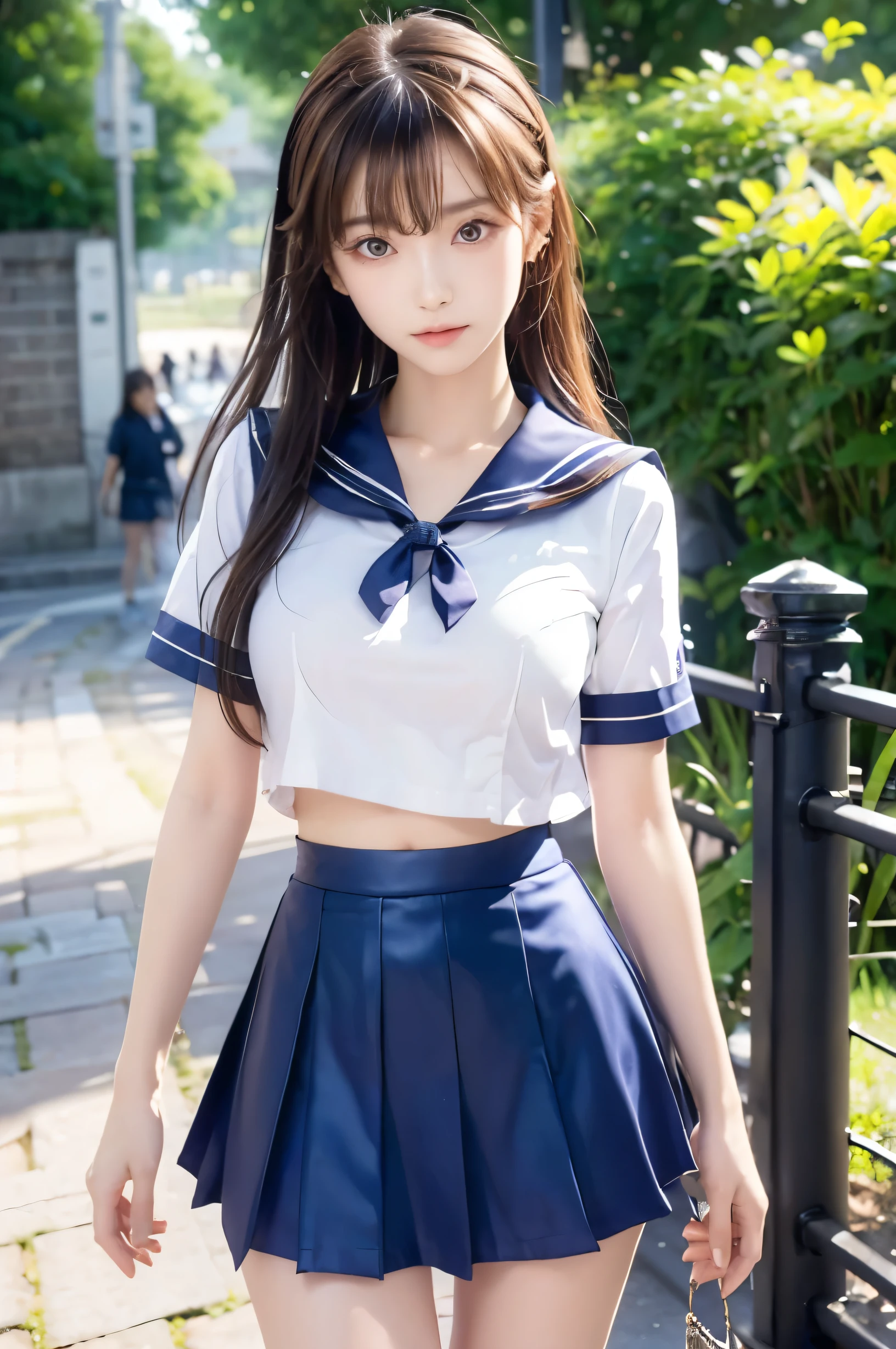 (Ultra HD), (Looking at me), (Short-sleeved sailor uniform, Navy blue mini skirt), Big Breasts, Super beautiful breasts, Slender, (Thin legs:1.2), (Thin thighs:1.2), (Thin Hips:1.4), (Beautiful Skin, Shiny skin, White skin), (Super slim face, Super beautiful face, No makeup, Smile:0.6), (Light Brown, Semi-long hair, Layered Cut, Fluffy hair), (Big eyes:1.3, High corners of the eyes:1.6, double eyelid), (Thin eyebrows:0.1), (Small Nose:0.6), (Thin lips:0.6), Beautiful Hands, Empty-handed, Standing, In front of the school gate