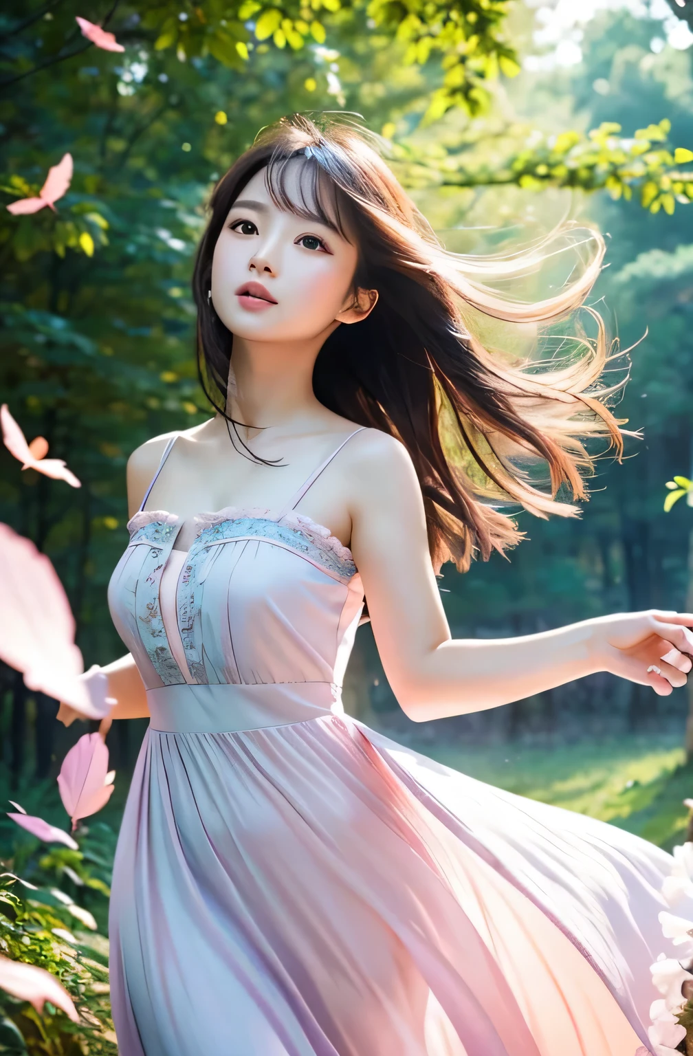 A woman in a dress is walking through a forest - SeaArt AI