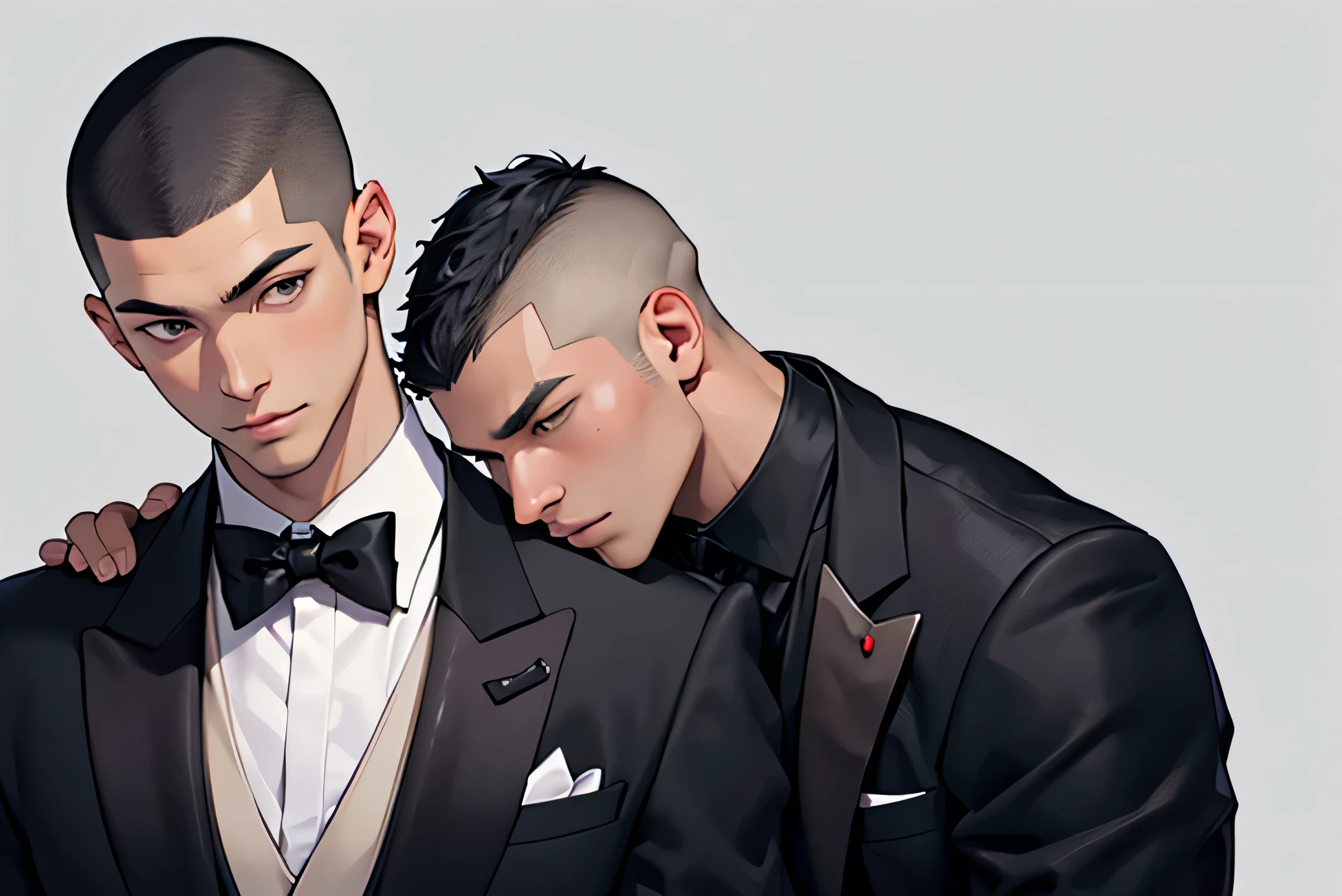 Japanese　　Handsome　Short cut　Shaved head　Black Hair　male　Black Tuxedo　formal　Upper Body　Being thin　Background Universe　Short cut　Shaved head　Between men