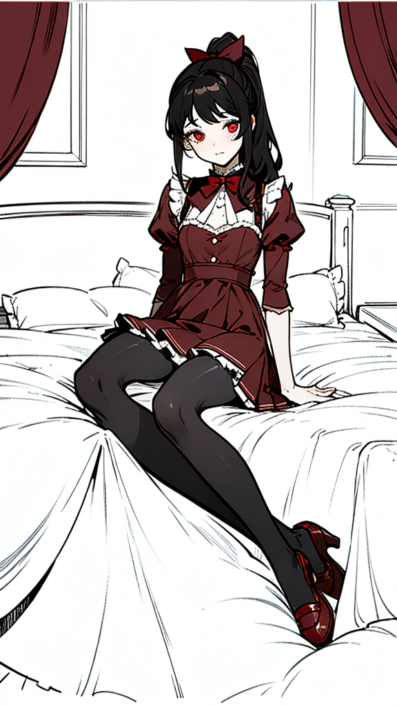 using pantimedies, wavy black hair, piercing look with deep red eyes, average stature, Silky hair with a ponytail hairstyle collected with a red bow with two white lines, with clothes, has a vagina, has breasts, cup of breasts, small breasts, slim, foreground, Session, sitting in her room, sitting on the floor of her room, wearing pantyhose, using pantimedies, Picardias, short skirt, shoes, blouse with straps