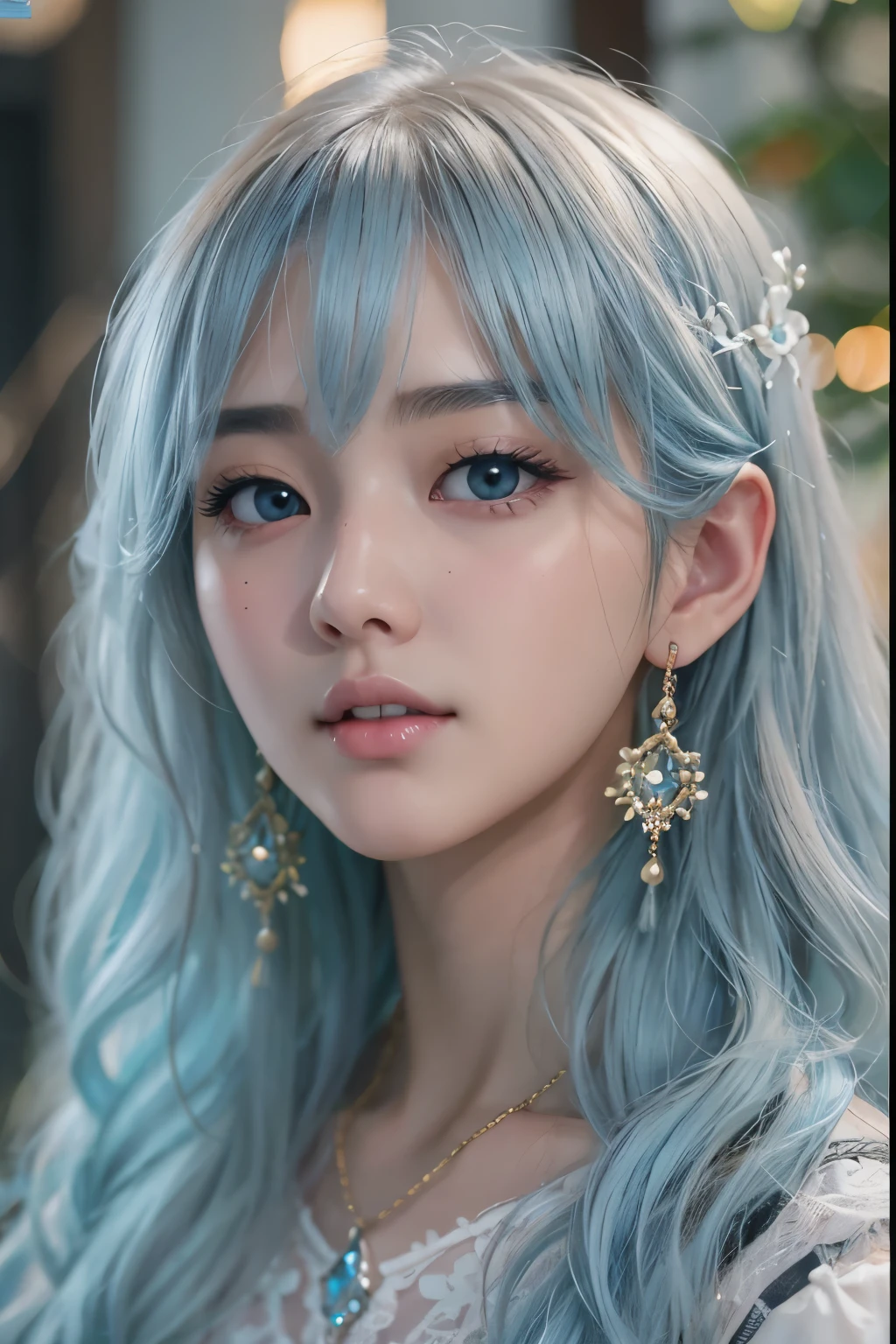 (Best Quality Detail)、realisitic、8K UHD、hight resolution、(1girl in:1.2)、The ultra-detailliert、High quality textures、intricate detailes、detaileds、Very detailed CG、High quality shadows、Detail Beautiful delicate face、Detail Beautiful delicate eyes、depth of fields、Ray traching、in her 20s、Pretty Kpop Girl、(Korean Urzan Face)、Slender face、(ulzzang -6500-v1.1:0.6)、pureerosface_v1、gloweyes、perfectbody、 look at viewr、(Best Quality Detail:1.2)、realisitic、8K UHD、hight resolution、(1girl in:1.2)、The ultra-detailliert、High quality textures、intricate detailes、detaileds、Very detailed CG、High quality shadows、Detail Beautiful delicate face、Detail Beautiful delicate eyes、depth of fields、Ray traching、in her 20s、Pretty Kpop Girl、(Korean Urzan Face)、Slender face、(ulzzang -6500-v1.1:0.6)、teak、Glossy lips、、high-level image quality, The highest image quality, top-quality, Photorealsitic, ultra-detailliert, photos realistic, 4K 8K UHD Full Color RAW Photos, Fuji Film(Medium format), Hasselblad, Carl zeiss, Incredible dynamic range photography(UTIL_Art by Smoose-768:1.1),hight resolution, High pixel count, clear details, crisp image, Natural color reproduction, Noise Reduction, High fidelity, qulity, Software Improvements, Upscaling, Optimized algorithms, Pro-level retouching, (Jewelry Accessories)、(Brown-eyed)、(Light blue hair), (long)、(Layered Hair Style), Description beautiful delicate hair、(Black Gothic ta)、White flowers all over the wall、