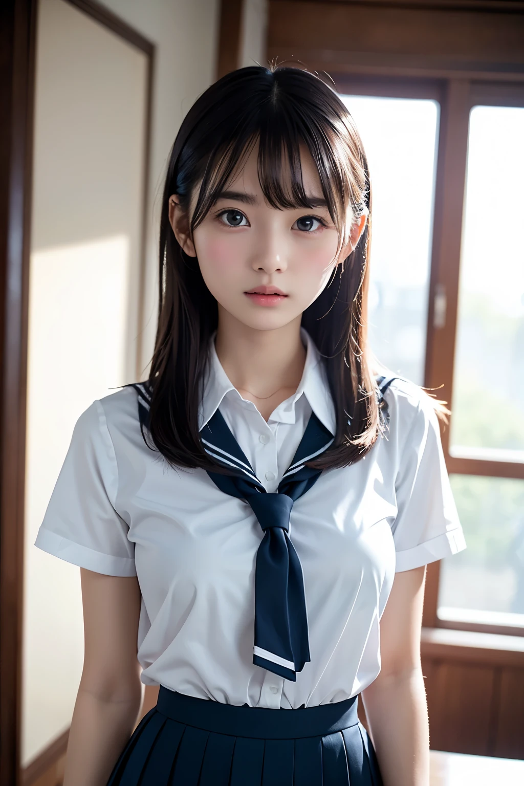 (masutepiece, Best Quality:1.2), 8K, 15yo student, 85 mm, Official art, Raw photo, absurderes, White dress shirts, Pretty Face, close up, Upper body, violaceaess, gardeniass, Beautiful Girl, School uniform, (Navy pleated skirt:1.1), Cinch West, thighs thighs thighs thighs, Short sleeve, on train, Sitting on a bench seat, Looking at Viewer, No makeup, (Smile:0.4), Film grain, chromatic abberation, Sharp Focus, face lights, clear lighting, Teen, Detailed face, Bokeh background, (dark red necktie:1.1)