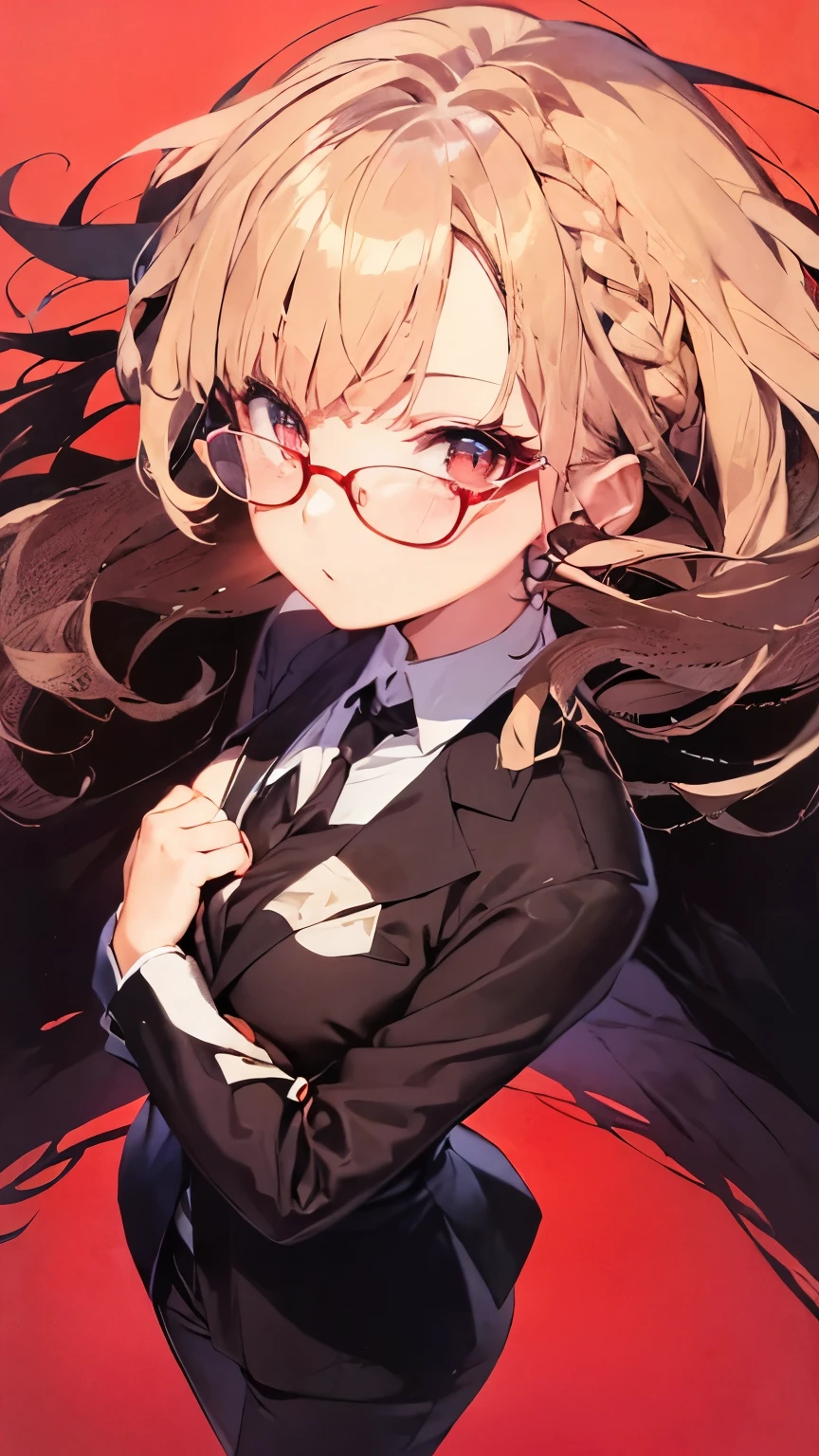 masterpiece, A formal, professional young woman in her twenties with long, braided blonde hair and stylish glasses. She has a calm and slightly mysterious aura, with a composed expression on her face. She is wearing a sharp, tailored formal outfit, complete with a white blouse, black blazer, and neatly pressed trousers. The character’s design is inspired by the dark and dramatic art style typical of psychological manga, with intricate shading and expressive line work. Her eyes shine with intelligence, as she gazes forward with confidence. The background is minimal, with abstract shadows and light effects, emphasizing her presence. She stands tall, hands gently clasped, her stance professional yet subtly relaxed. The overall atmosphere evokes a sense of depth, intrigue, and modern elegance, in a style reminiscent of dark and moody manga art.