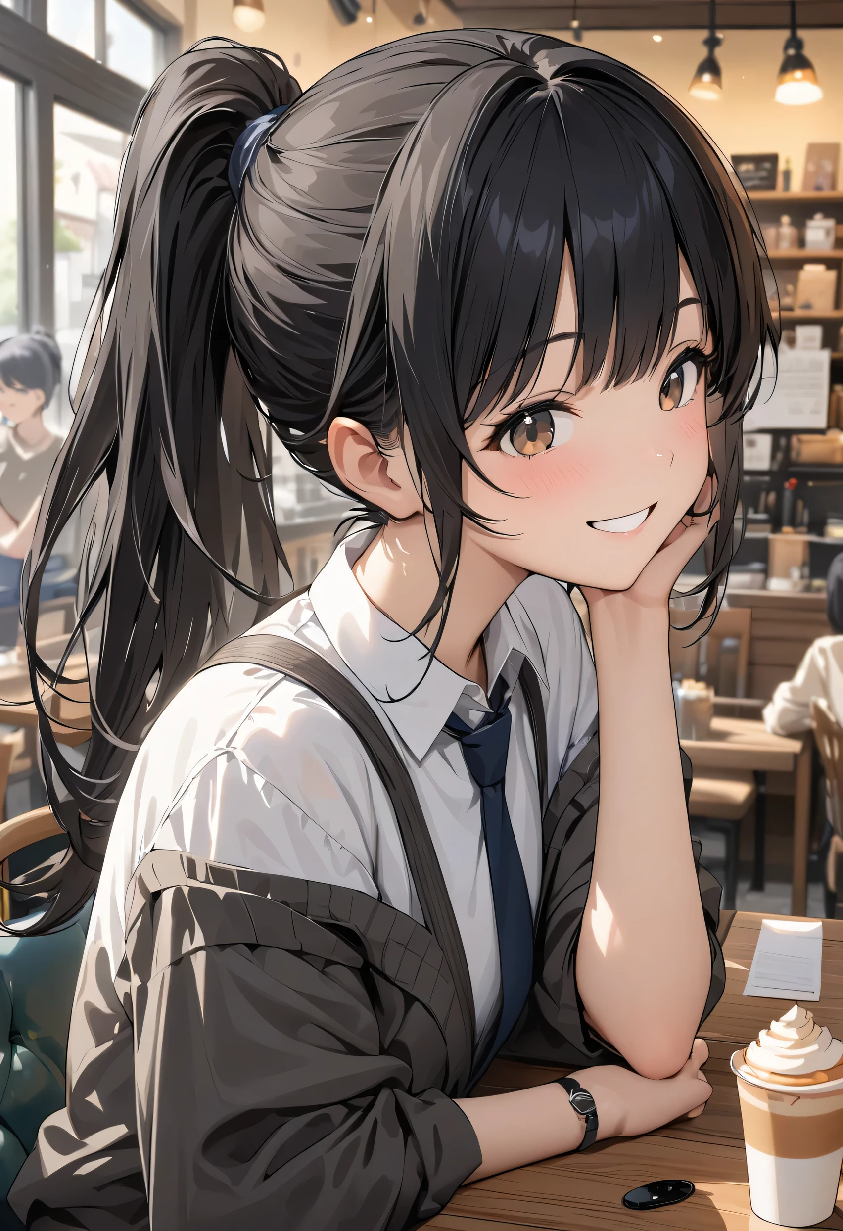 girl, Black Hair, Older sister, Tie your hair in a ponytail、Smile at the speaker, High-quality images, masterpiece, beautiful girl, Cafe,