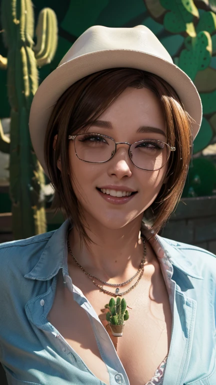 portrait, close-up, upper body. Short red hair, green eyes, glasses with metal frames, button down shirt, cowboy hat, joyful smile, cheerful girl . (masterpiece, top quality, best quality, official art, beautiful and aesthetically pleasing:1.2), extremely detailed,(fractal art:1.2),Colorful,The most detailed, (dynamic pose), (cactus background:1.5), (many flowers:1.4). ((SPLIT. Skin texture, shiny skin. elegance. photorealism. unreal engine. 3D model. Ultra high quality textures. high detail. permission 8k))