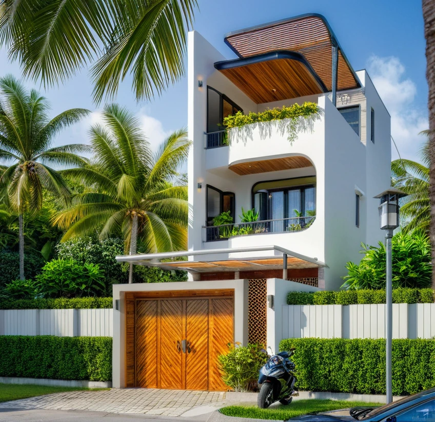 The tall and narrow 3-storey house is modernly designed, with steel gates and wooden details. The outside is painted white, the front wall has many curves. The house has windows on all sides and (wooden and iron ceilings: 1,2). Materials include black steel and wood. The third floor has trees growing on the middle columns, surrounded by tropical vegetation. The scene was shot from a 24mm angle perspective, with soft, natural lighting highlighting textures and materials, creating soft shadows that highlight the curves of the front wall and wooden details.