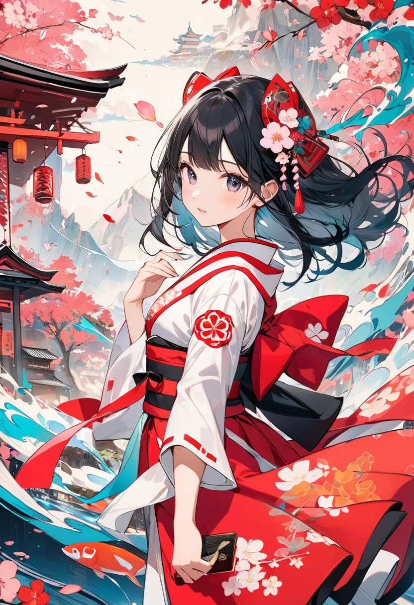 (masterpiece, best quality), woodblock print collage depicting,(cutie girl floating in a weightless world,tween),wearing miko(japanese shrine maiden) outfit,surrounded by japanese traditional symbols,floating high,splash color, collage art, contemporary art,