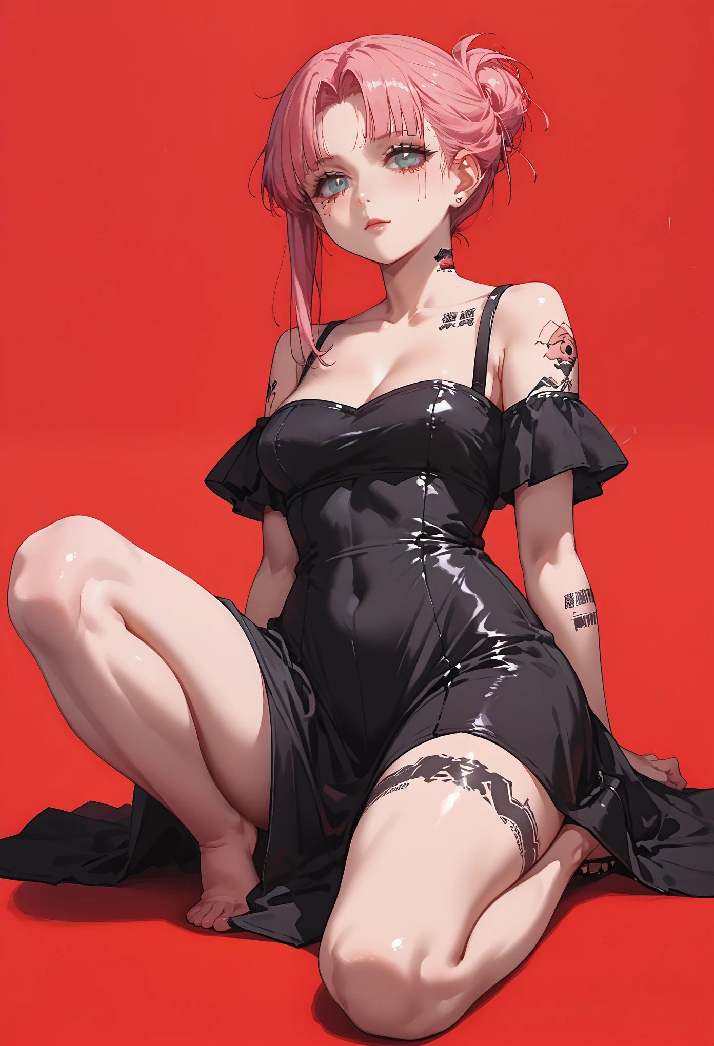 anime girl with pink hair and tattoos sitting on the ground, anime girl wearing a black dress, seductive anime girl, anime character; full body art, guweiz on pixiv artstation, cute anime waifu in a nice dress, digital art on pixiv, guweiz on artstation pixiv, anime woman fullbody art, cyberpunk anime girl ,red background 