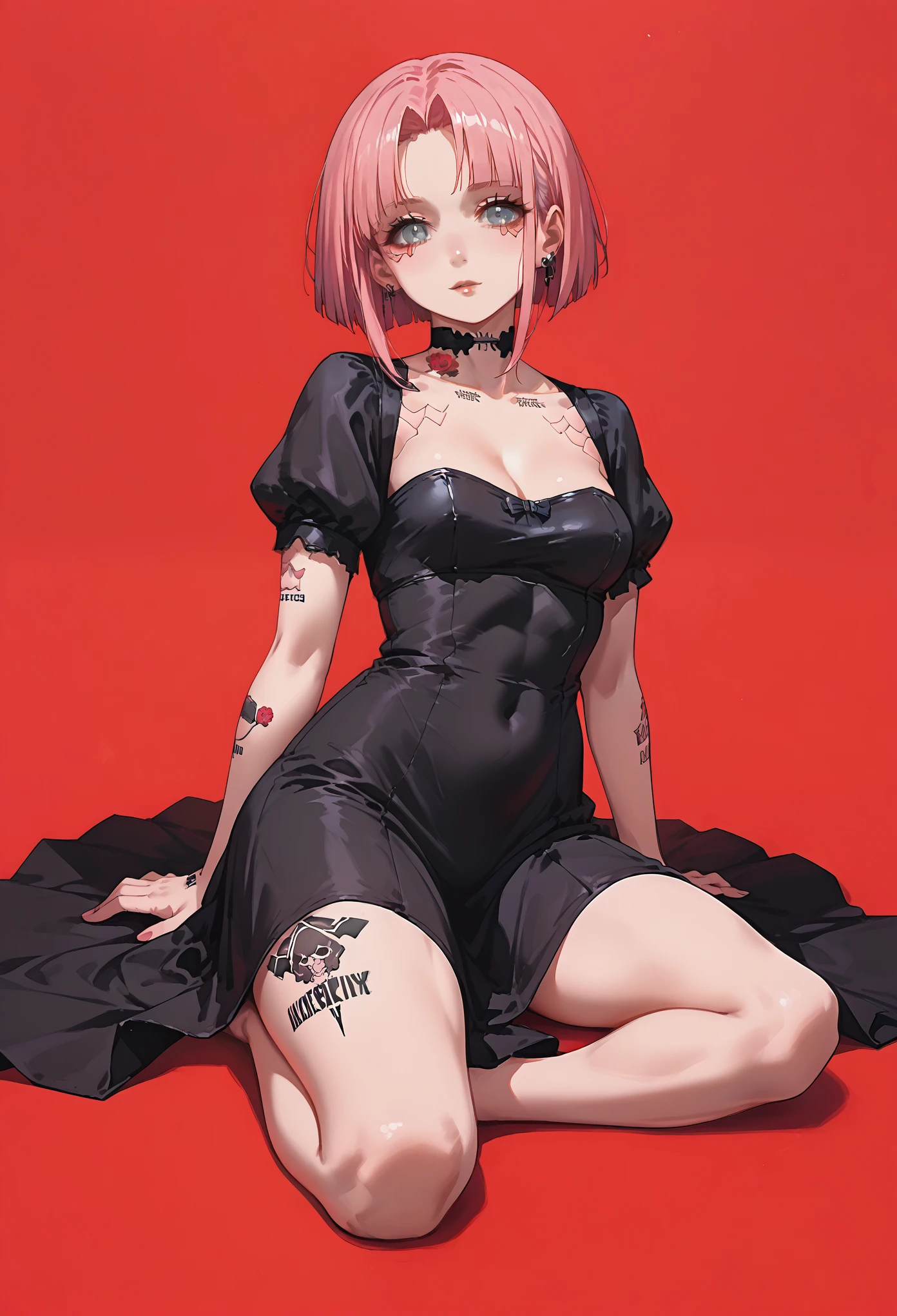 anime girl with pink hair and tattoos sitting on the ground, anime girl wearing a black dress, seductive anime girl, anime character; full body art, guweiz on pixiv artstation, cute anime waifu in a nice dress, digital art on pixiv, guweiz on artstation pixiv, anime woman fullbody art, cyberpunk anime girl ,red background 