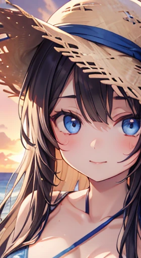 One Girl, long tied brunette hair, smile, blue eyes, Wink, View your viewers, flower straw hat, (Beach), (sunset), evening, masterpiece, 8k, Perfect lighting, Completely naked、Nipples, Perfect Anatomy, Perfect Eyes, Perfect Face, Sharp resolution, (Face close-up),Large Breasts、Long Hair