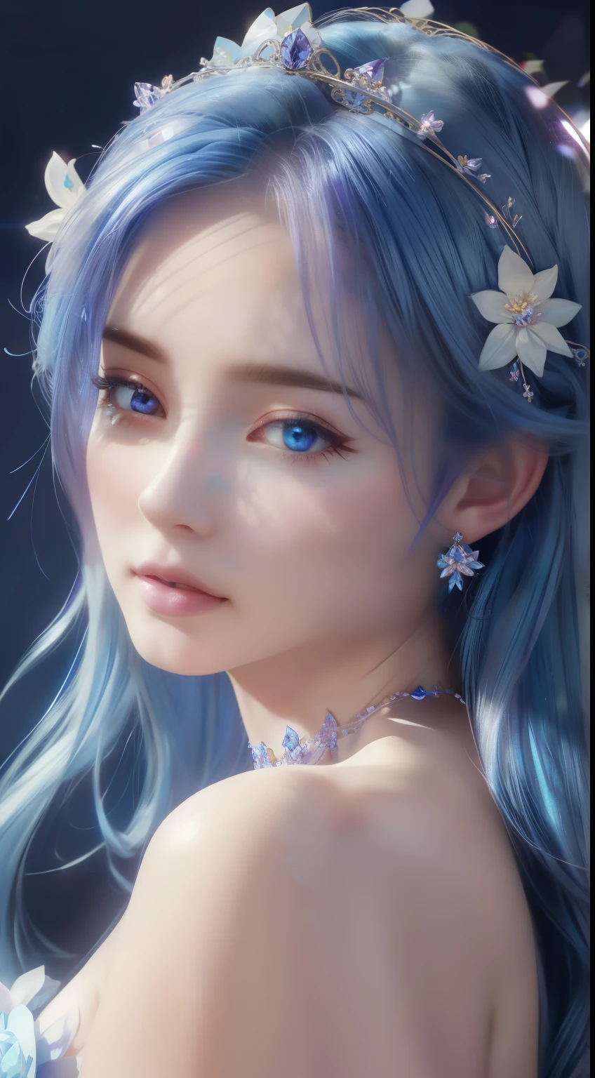 tmasterpiece,Highest high resolution,((magic orb)),Dynamic bust of a beautiful aristocratic maiden,Blue hair is gracefully curled,((Wearing a crown of huge flowers)),Purple clear eyes,(((Hair is covered with beautiful and delicate floral craftsmanship, Crystal Jewelry Filigree))),Ultra-detailed details,upscaled,The Earth Rises。