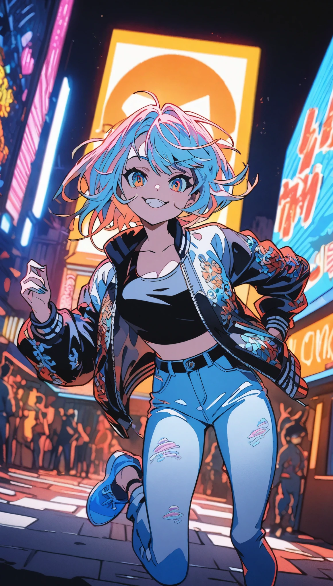 Anime style, Cel shading, Vibrant colors, High contrast, Bold outlines, 2D art, Manga-inspired, Kawaii aesthetics, Expressive eyes, Stylized proportions, Dynamic poses, Detailed backgrounds, Unbelievably absurd, Very detailed, delicate and dynamic, The particles reflect light, Diffuse reflection of light, Many autumn-colored leaves fall, Trendy urban scene, Neon city lights, Create amazing image effects, Cool and edgy, Close-up(Fashionable anime girl, embroidered sukajan jacket, Confident smirk, Trendy hairstyle, Street-smart, attitude, Dynamic, High-waisted jeans and ankle boots, bustling night market, autumn festival)