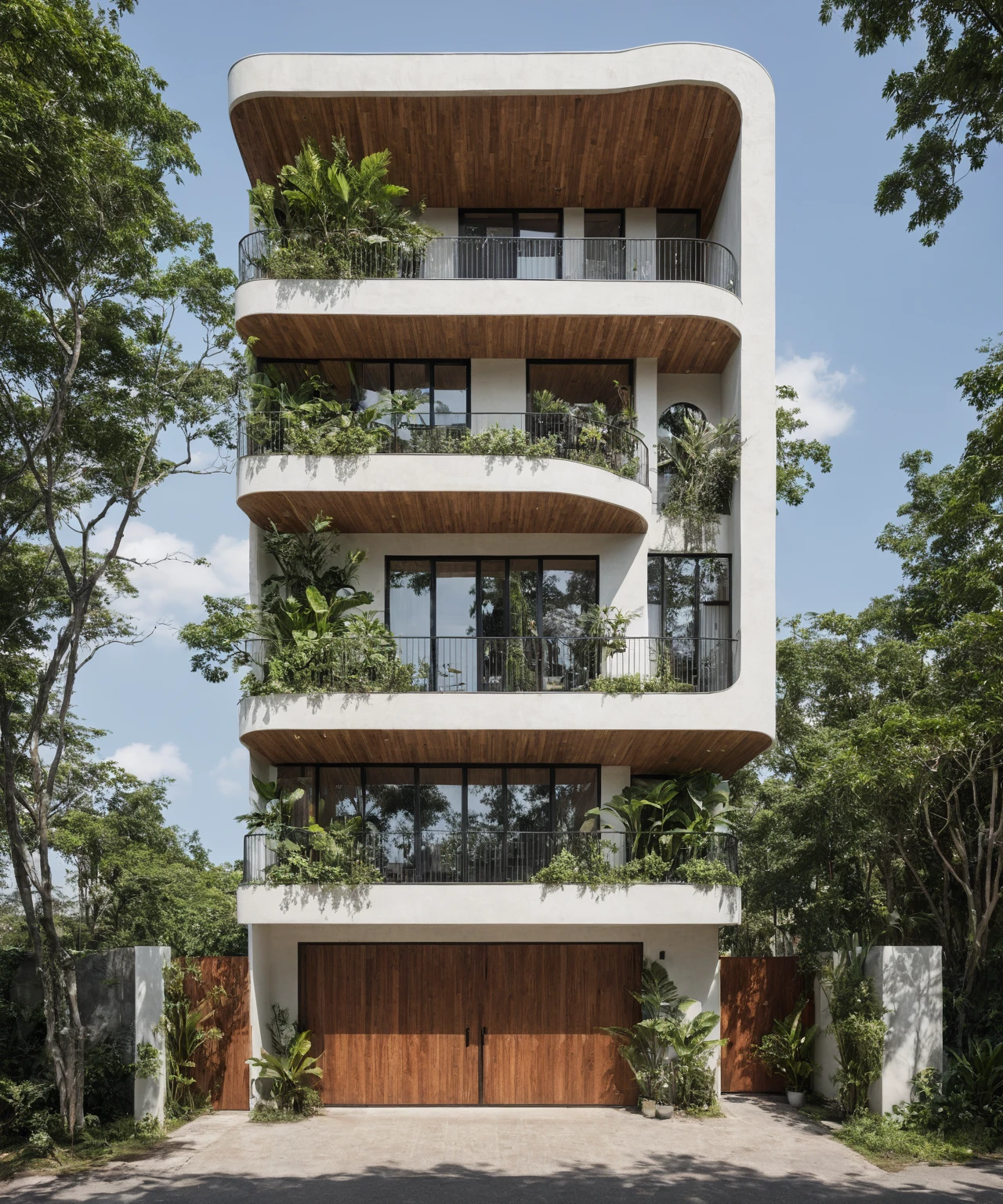 The tall and narrow 3-storey house is modernly designed, with steel gates and wooden details. The outside is painted white, the front wall has many curves. The house has windows on all sides and (wooden and iron ceilings: 1,2). Materials include black steel and wood. The third floor has trees growing on the middle columns, surrounded by tropical vegetation. The scene was shot from a 24mm angle perspective, with soft, natural lighting highlighting textures and materials, creating soft shadows that highlight the curves of the front wall and wooden details.