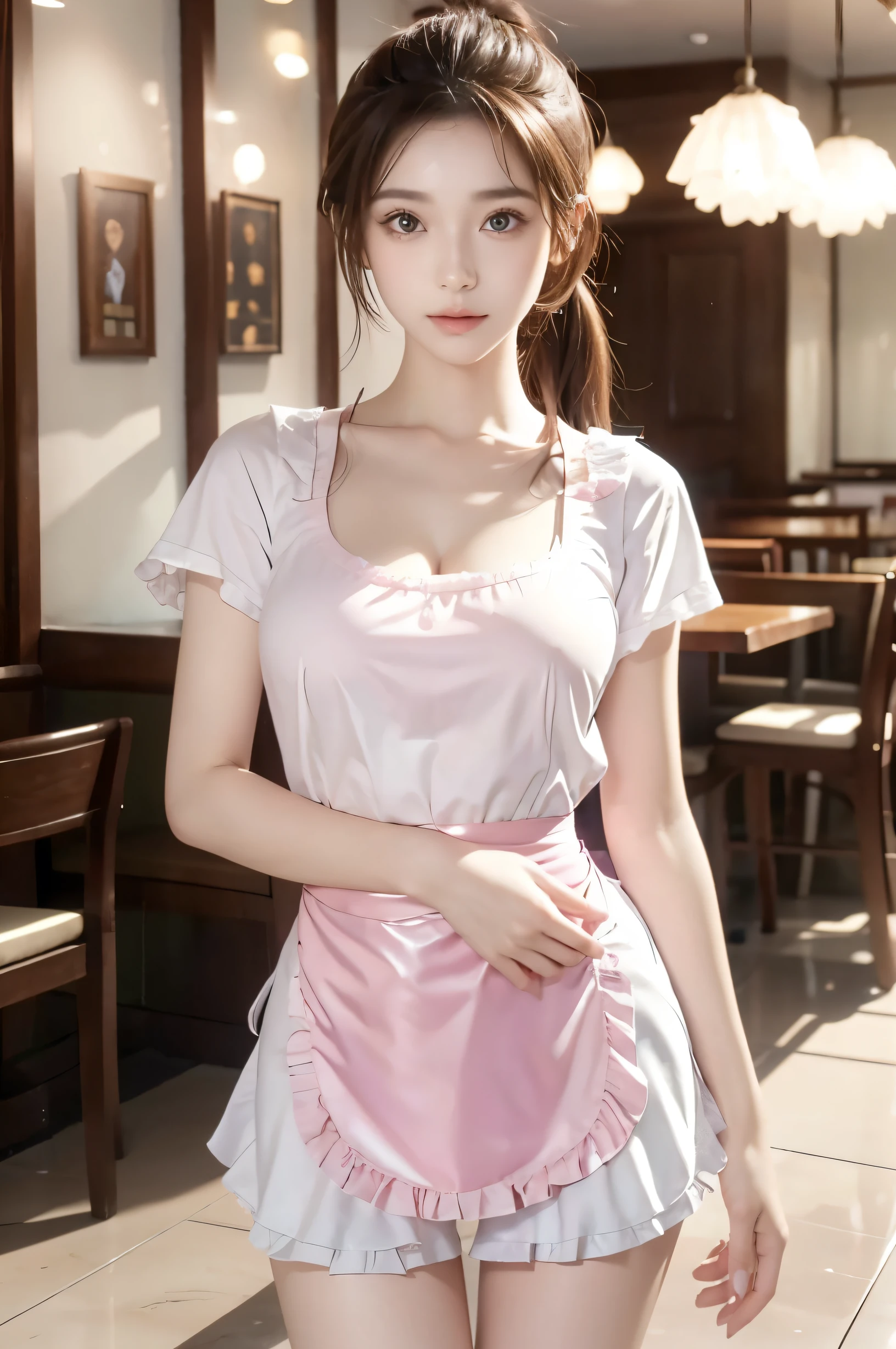 (Ultra HD), (Looking at me), (The whole body is shown), (Pink shirt, White ruffled apron), Super beautiful breasts, Big Breasts, Slender, Narrow waist, (Thin legs:1.2), (Thin thighs:1.2), (Thin Hips:1.4), (Beautiful Skin, Shiny skin, White skin), (Super slim face, Super beautiful face, No makeup, Smile:0.6), (Light Brown, Long Ponytail, Layered Cut, Fluffy hair), (Big eyes:1.3, High corners of the eyes:1.6, double eyelid), (Thin eyebrows:0.1), (Small Nose:0.6), (Thin lips:0.6), Empty-handed, Standing, Bright restaurant