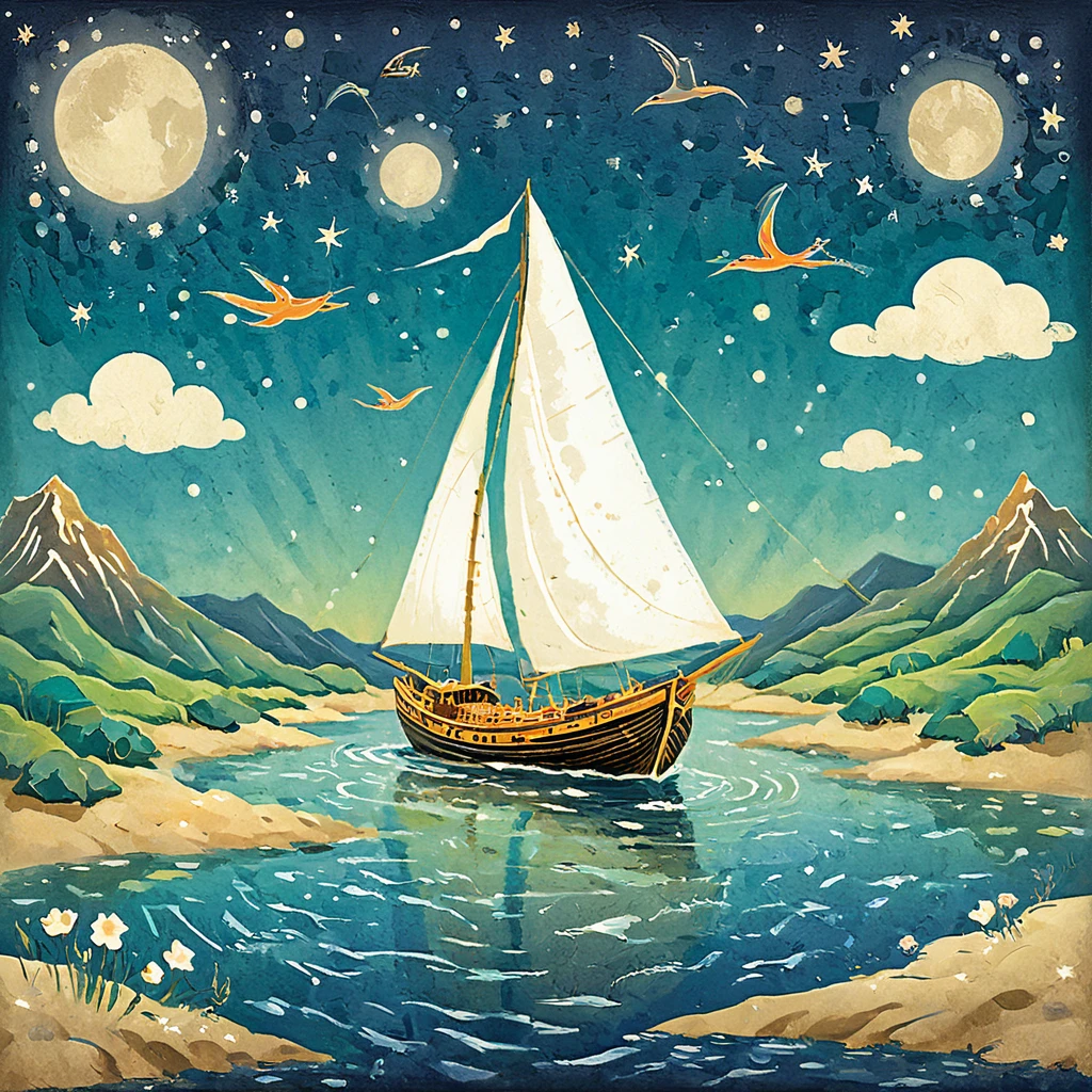 "An original art in the style of creative woodblock prints, designed for a children's picture book illustration, featuring a chill and dream-like atmosphere with nostalgic feelings. The scene depicts a simple design of a flying ship with bright white sails, sailing through a star-filled night sky above lush green mountains designed simply. The stars include Orion shining brightly, set against a dark blue background. Use numerous light dots to represent the stars, and employ textured patterns with geometric designs inspired by ancient murals of prehistoric creatures and deep-sea fish in the dark areas to create depth and interest. Ensure the artwork is large, high-resolution (16k), and extremely detailed. (Masterpiece:1.25), (best quality:1.25), (ultra-detailed:1.1), (woodblock print style:1.2), (whimsical:1.1), (vibrant colors:1.15), (delicate line work:1.1)"