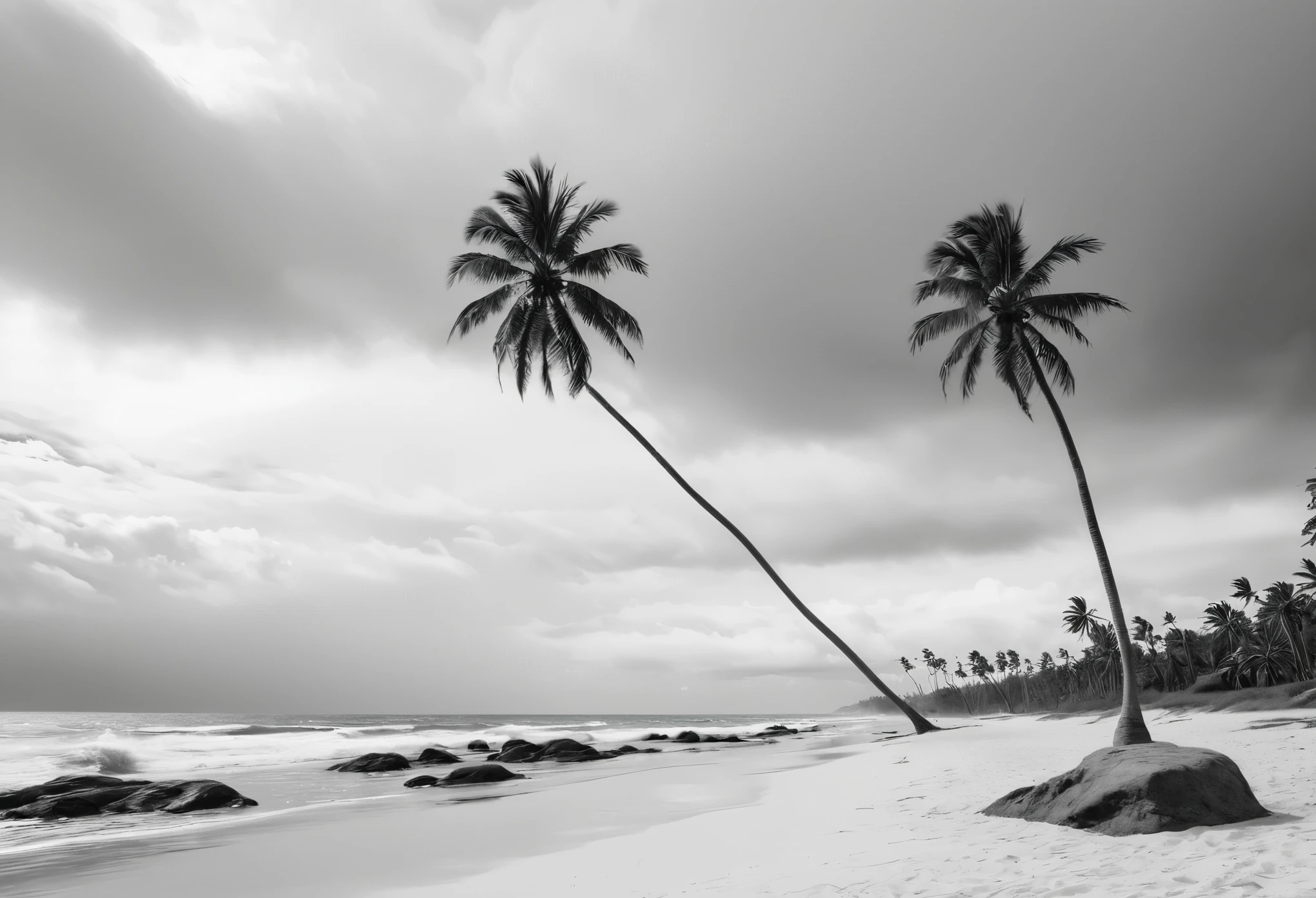 Ansel Adams，Minimalism，Black and White，Scenery，Beach，sea level，Palm trees by the sea，Gray clouds，A tourist on the coast，Ultra-fine details，4K