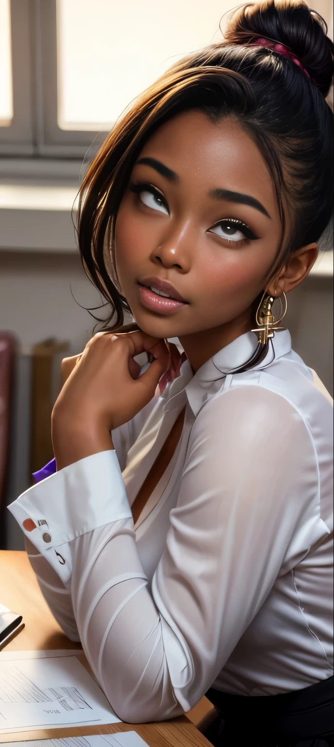 Portrait, (close up shot), (cross-eyed:1.6), (rolling eyes:1.6), (open mouth:1.2), (blushing:1.4), Masterpiece, high quality, high resolution, volumetric lighting, subsurface scattering, 8k, Beautiful woman, (dark skin:1.2), pacific islander, secretary, uniform, (tight-long-sleeve-blouse), messy bun, hoop earings, office, large windows, sexy pose, seductive pose