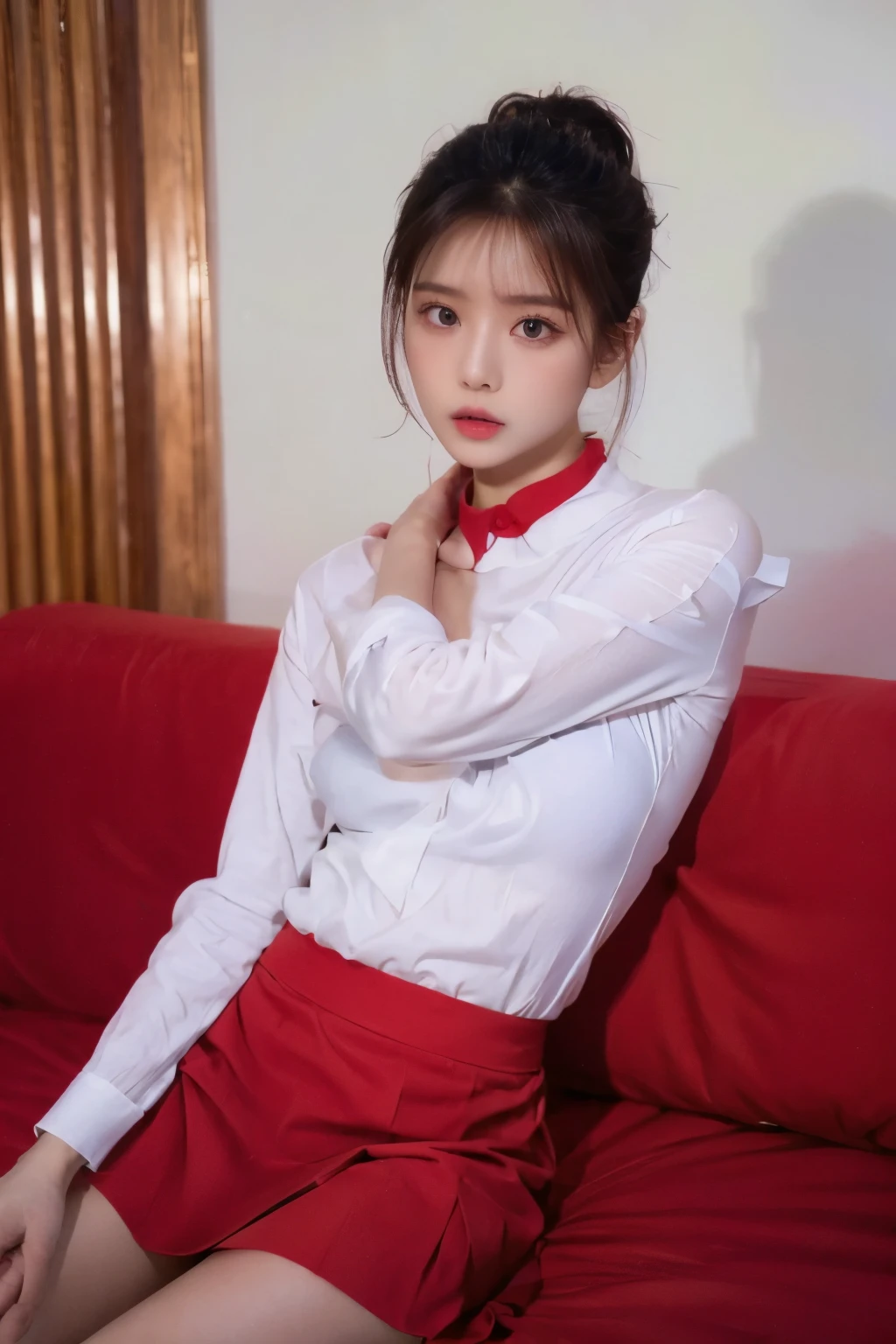 highest quality、masterpiece、High sensitivity、High resolution、Slim Body、Red mini skirt、white round collar shirt、Red pumps、