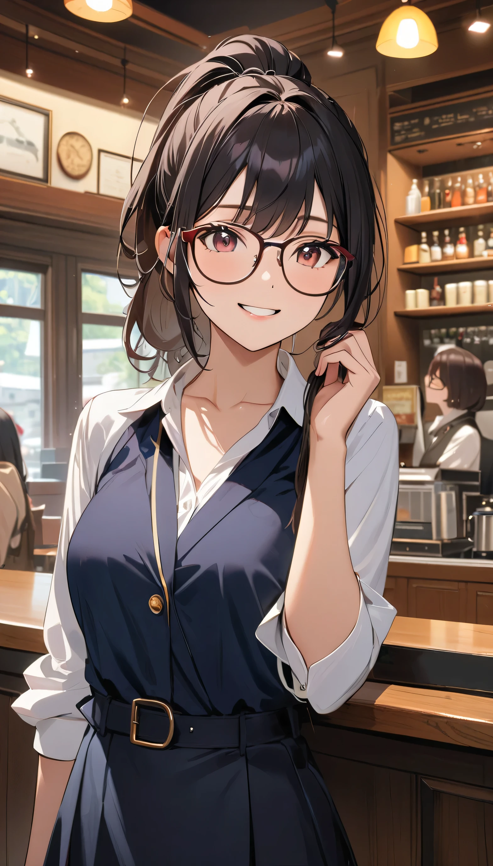 masterpiece, girl, Wearing glasses, Black Hair, older sister, Tie your hair in a ponytail, Smile at the speaker, High-quality images, masterpiece, beautiful girl, Cafe