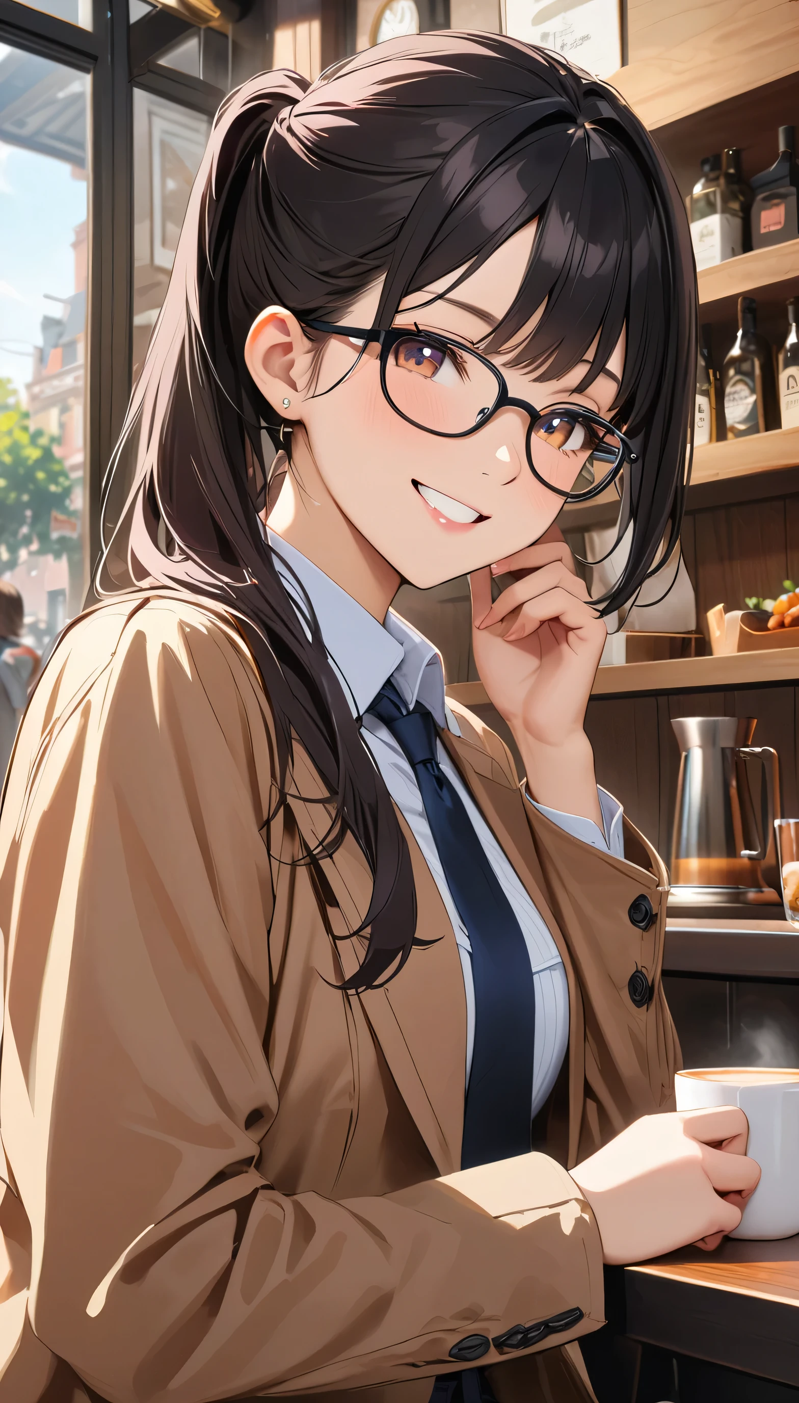 masterpiece, girl, Wearing glasses, Black Hair, older sister, Tie your hair in a ponytail, Smile at the speaker, High-quality images, masterpiece, beautiful girl, Cafe