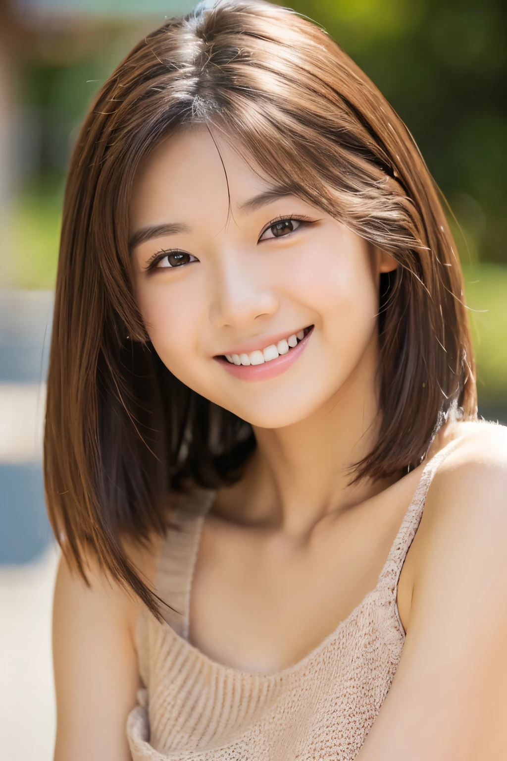 Japanese ),((beautiful girl)),cleavage,An expression that imagines something pleasant:1.2,(perfect body beauty:1.2),((perfect body)),(shy smile),beautiful teeth,