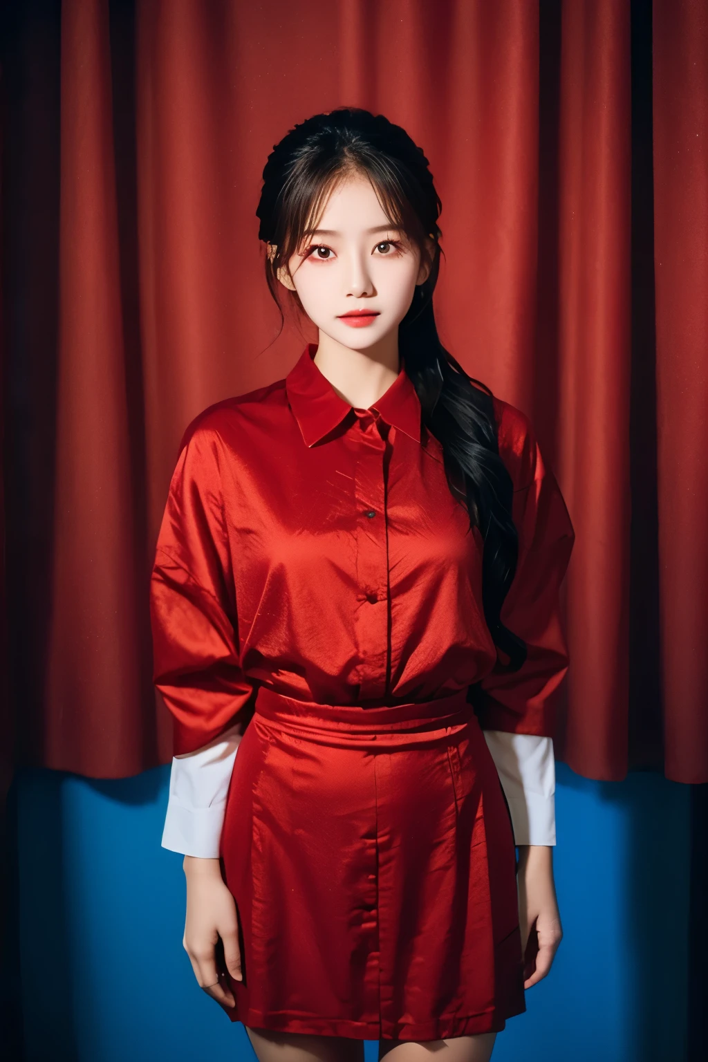 Best Quality, masutepiece, High resolution, (((1girl in))), ,(((Red Eyes:1.3)))、Red attire、((Red Shirt:1.3、Red Rock Dress)), Tindall Effect, Realistic, Shadow Studio, Red lighting, dual-tone lighting, (High Detail Skins: 1.2) Digital SLR, Photo, High resolution, 4K, 8K, Background blur,Fade out beautifully、Blue World