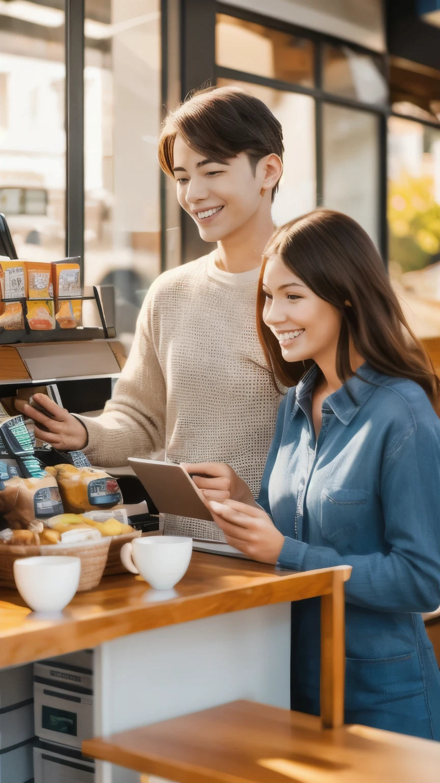 Eager office workers happily purchasing coffee and groceries in a sunlit, cozy café corner, vibrant colors, natural smiles, in the style of stock photography --ar 16:9