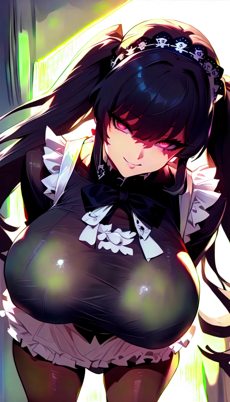 (high quality, 8k, 4K, high contrast, masterpiece:1.2, 最high quality, better aesthetics), Beleza, maid, very detailed, Seductive and erotic girl with lace headdress, smile, (big breasts, black hair, twin tails), focus on the face, focus on the face, complex eyes, pantyhose, 40 denier black pantyhose, cafeteria, low angle, spectator looking up,