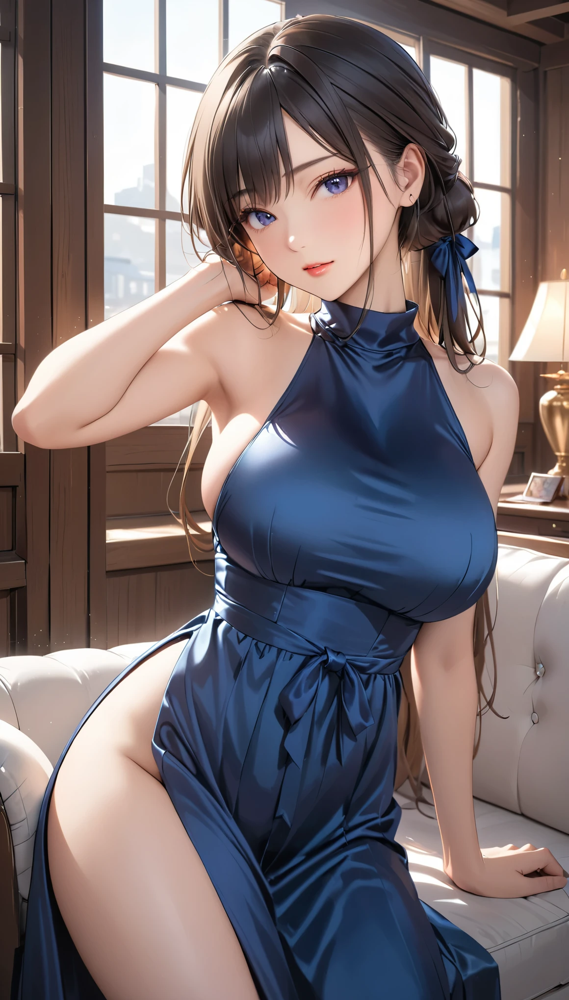 (masterpiece,Best Quality,Ultra-high resolution),Inside the Western-style building,One Japanese woman,In heat,A seductive and alluring expression,Her beautiful long hair is tied back,bangs,Baby Face,Pursing his lips, (((Very beautiful 20 year old))),Big Breasts,Breast bag,(Navy blue satin high-necked tight long dress:1.8),(Tight fit),Bodyline,Satin Opera Gloves、Satin has a very strong luster、(He is spreading his arms wide out to the sides, facing me.)),(Lying on the sofa with legs spread:1.8),Satin black panties