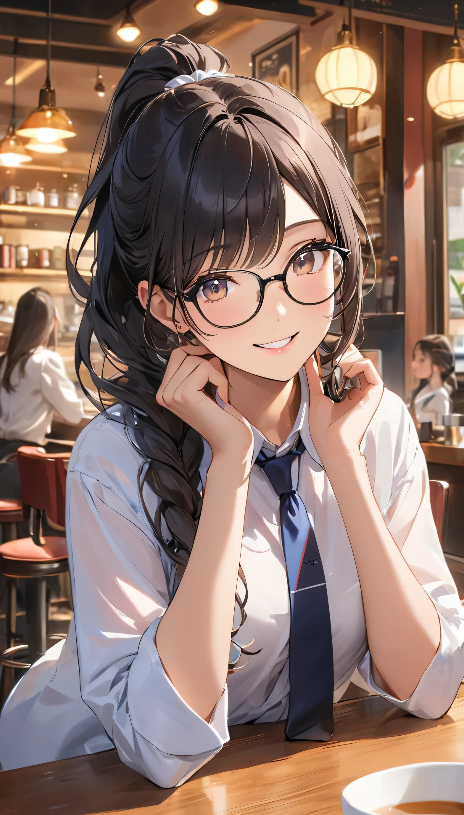 masterpiece, girl, Wearing glasses, Black Hair, older sister, Tie your hair in a ponytail, Smile at the speaker, High-quality images, masterpiece, beautiful girl, Cafe