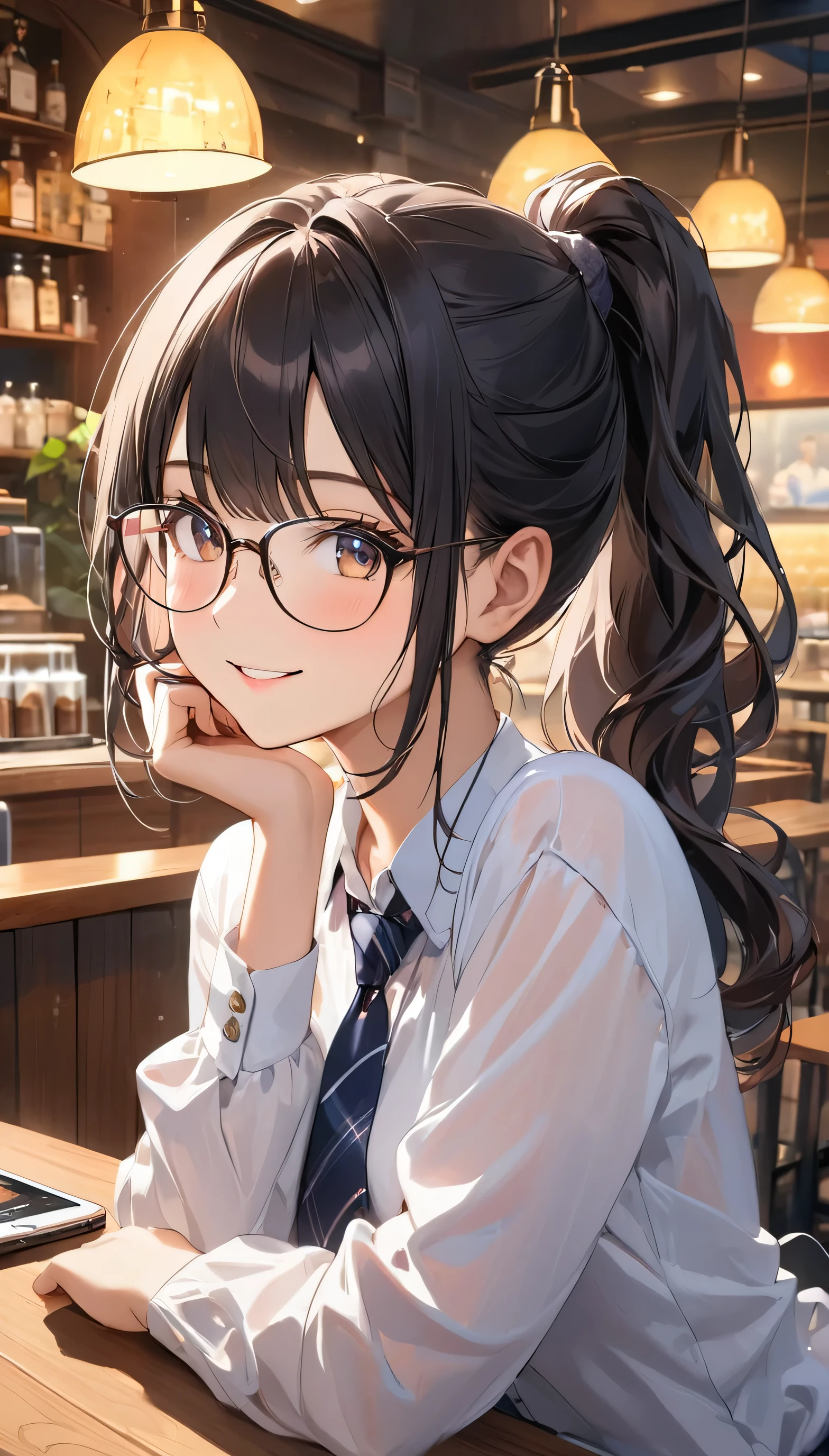 masterpiece, girl, Wearing glasses, Black Hair, older sister, Tie your hair in a ponytail, Smile at the speaker, High-quality images, masterpiece, beautiful girl, Cafe