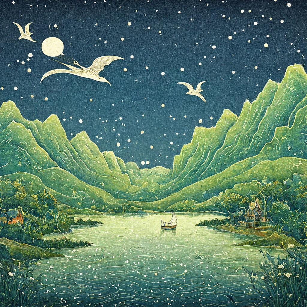 "An original art in the style of creative woodblock prints, designed for a children's picture book illustration, featuring a chill and dream-like atmosphere with nostalgic feelings. The scene depicts a simple design of a flying ship with bright white sails, sailing through a star-filled night sky above lush green mountains designed simply. The stars include Orion shining brightly, set against a dark blue background. Use numerous light dots to represent the stars, and employ textured patterns with geometric designs inspired by ancient murals of prehistoric creatures and deep-sea fish in the dark areas to create depth and interest. Ensure the artwork is large, high-resolution (16k), and extremely detailed. (Masterpiece:1.25), (best quality:1.25), (ultra-detailed:1.1), (woodblock print style:1.2), (whimsical:1.1), (vibrant colors:1.15), (delicate line work:1.1)"