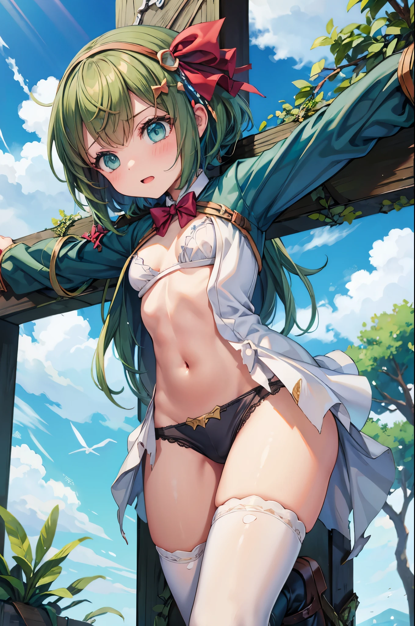 Crucifixion、One person、girl、Torn clothing、Green Hair、underwear、stockings