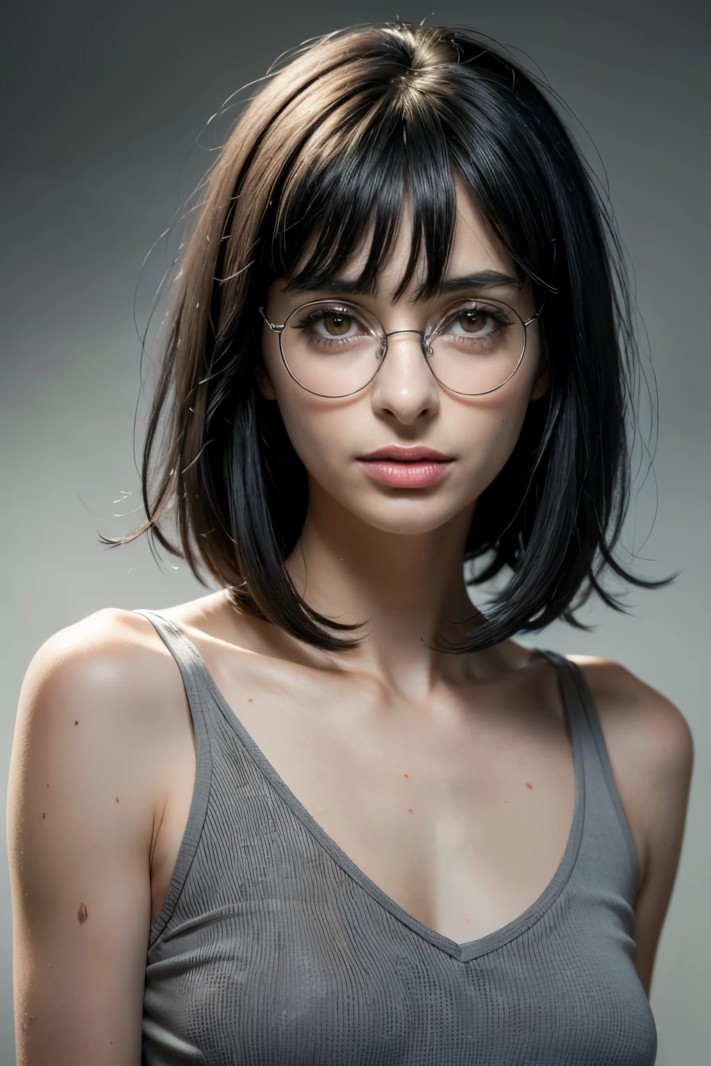 (-year-olman),lack hair, short hair, bangs, shoulder-length hair) ((round glasses on her face)) (white skin) angry western face, dark circles under her eyes, sad, tired and droopy face, pimples on her face, thin nose, ((best quality)), ((ultra resolution)), ((Photorealistic: 1.4)), (intricate details), (black t-shirt, blue jeans), thin waist. (gray background)