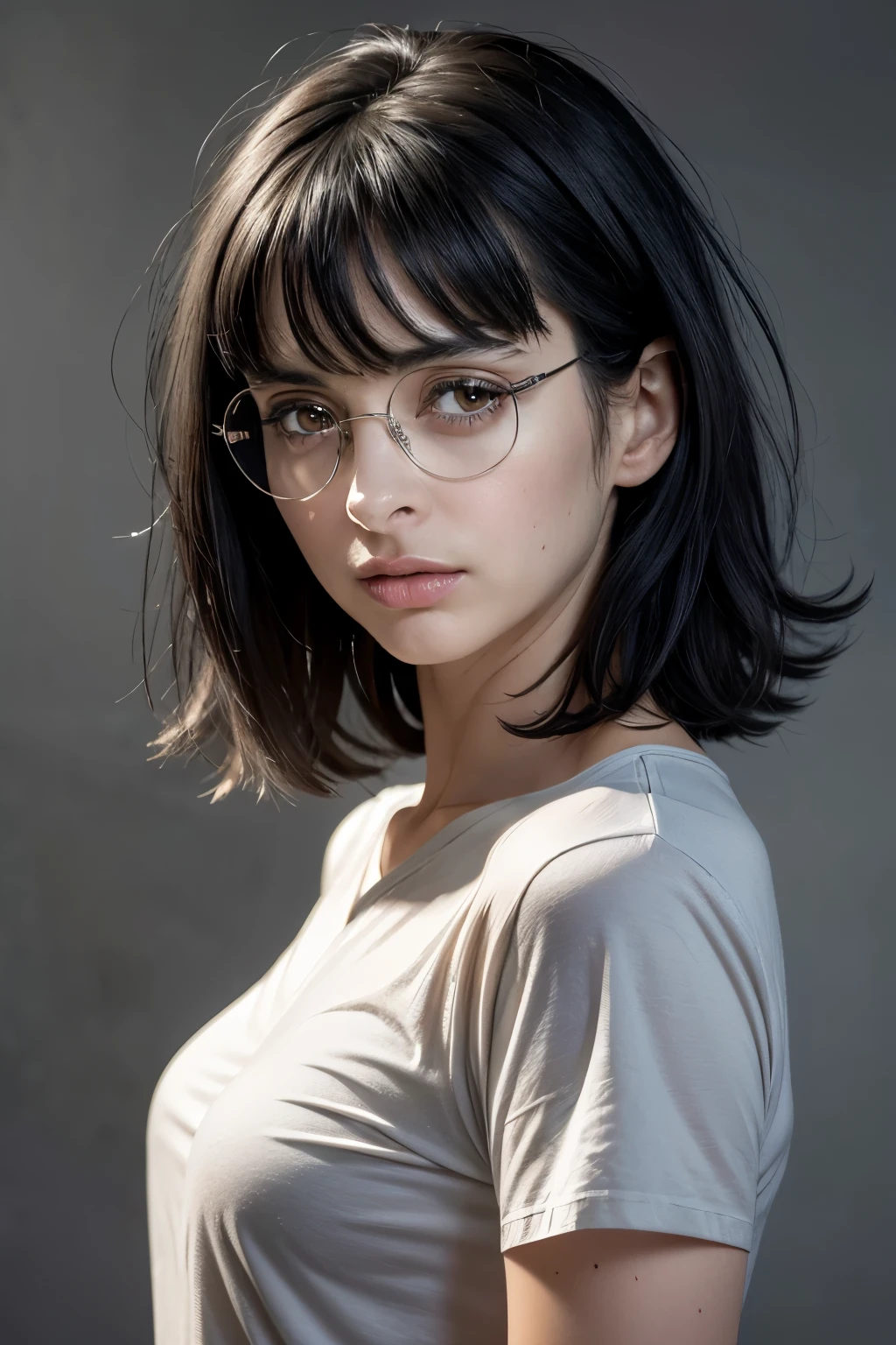 (Fifteen-year-old woman), (black hair, short hair, bangs, shoulder-length hair) ((round glasses on her face)) (white skin) angry western face, dark circles under her eyes, sad, tired and droopy face, pimples on her face, thin nose, ((best quality)), ((ultra resolution)), ((Photorealistic: 1.4)), (intricate details), (black t-shirt, blue jeans), thin waist. (gray background)