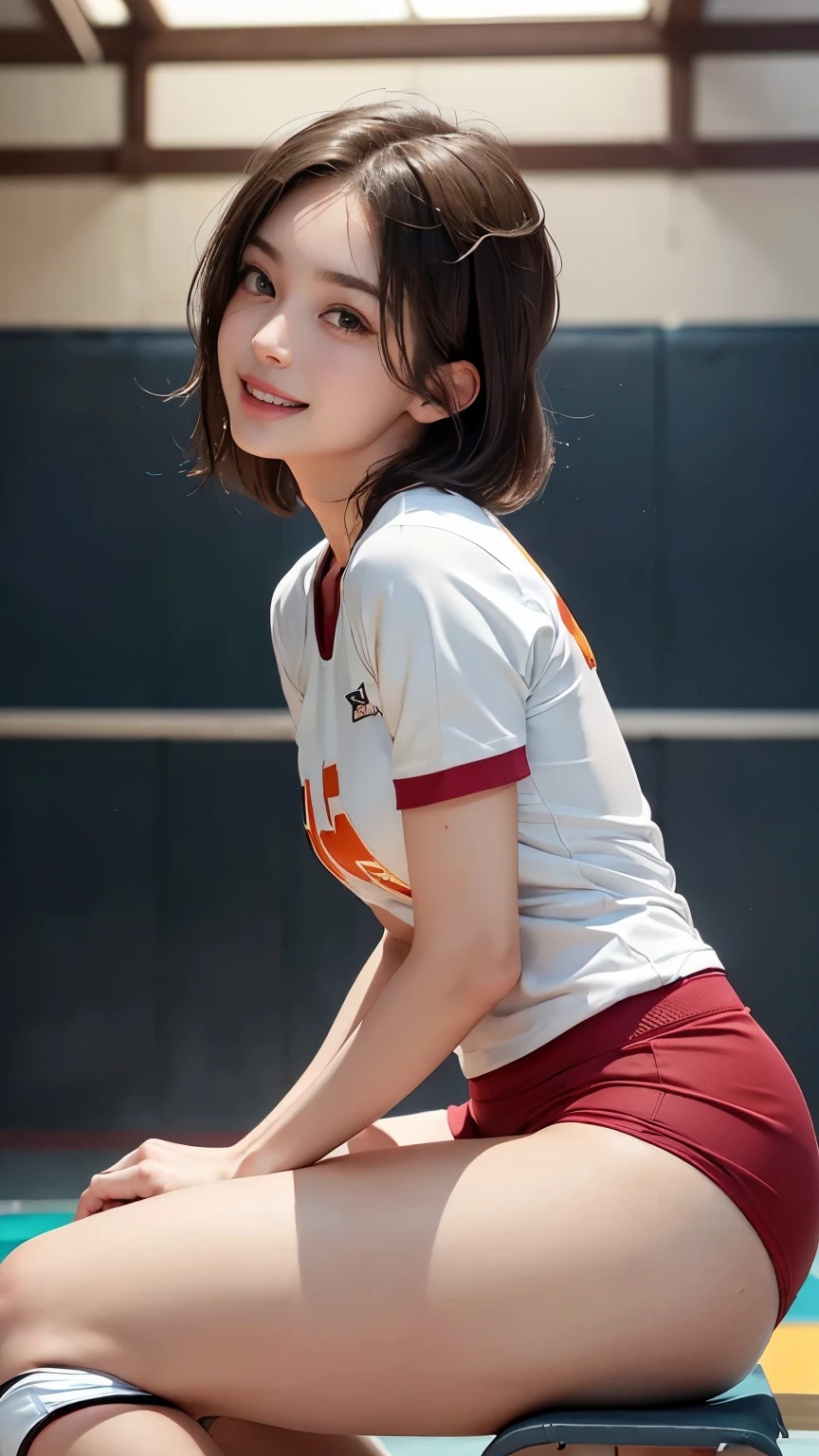 girl standing in school ground,white school gym shirt,translucent pale orange compression long shorts,18-year-old,bangs,a little smiles,thighs,knees,crotch,low ponytail,from below