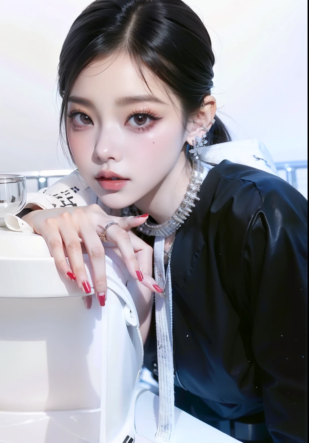 Image of a woman wearing a black and white outfit and a red lipstick, Blackpink Jennie, Retrato de Jossi de Blackpink, Jossi de Blackpink, maquillaje popular de Corea del Sur, portrait of female Korean idol, maquillaje coreano popular, Taejune Kim, Sakimichan, Jinyoung Shin, Parque Ji-min, Retrato Jisoo Blackpink, hwang se - on