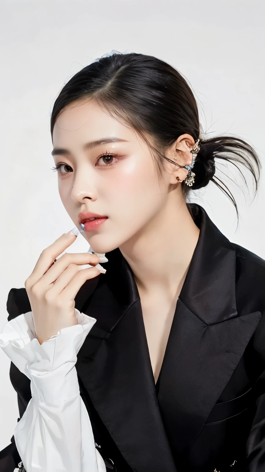 a close up of a woman wearing a black suit and a white shirt, jisoo do blackpink, Jisoo do Blackpink, Dilraba Dilmurat, Xintong Chen, Retrato Jisoo Blackpink, jia, Heonhwa Choe, inspired by Huang Ji, Lee Ji - Eun, Lee Ji-eun, Bingbing, Xianxia, Inspired by Tang Yifen