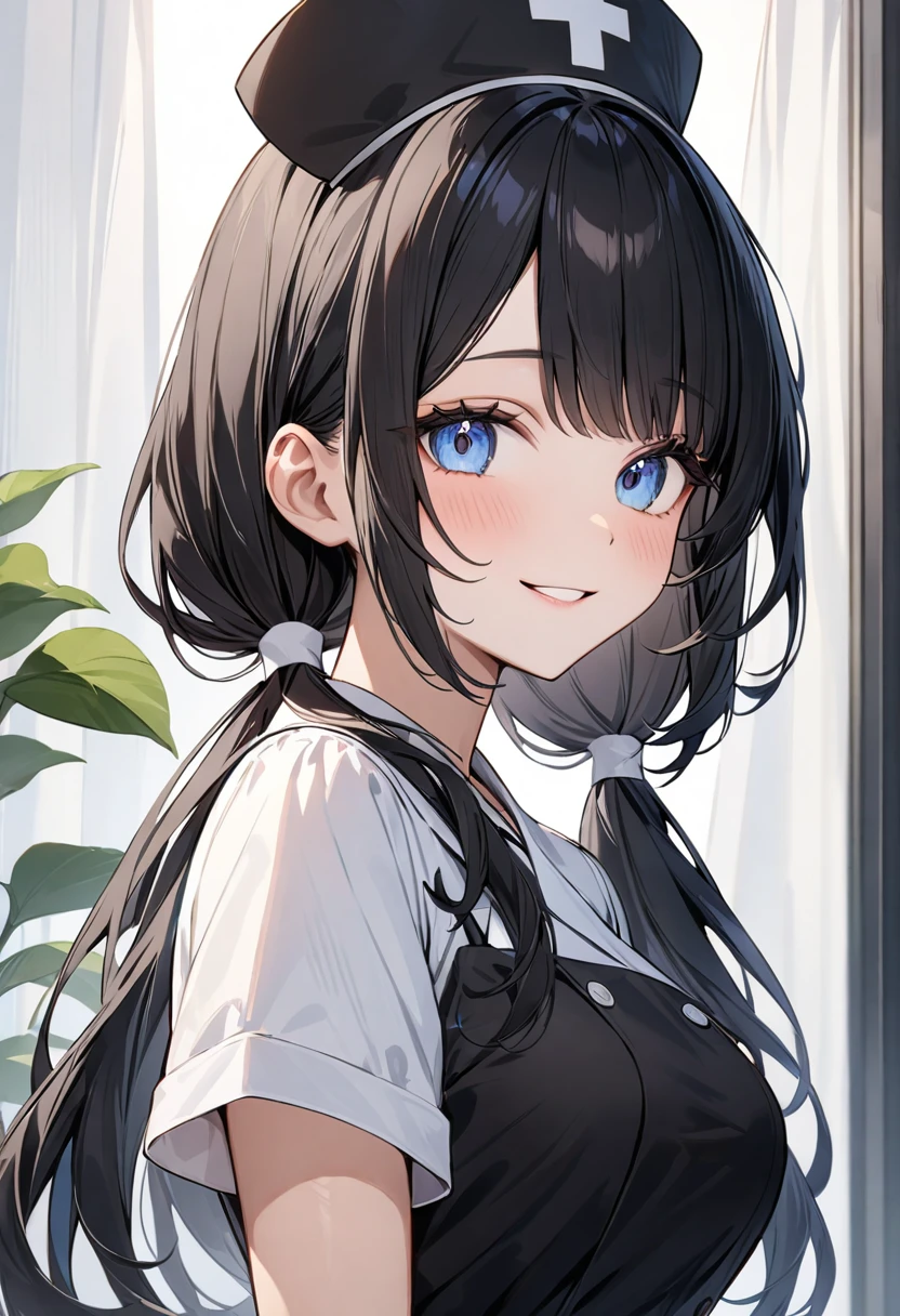 (masterpiece, top quality, very aesthetic, 4k、illustration), intricate detail, 1girl,Standing 、(upper body)、grin、()、
Cute 、black hair、,middle hair,sidelock ,,blue eye、Casual clothes、small breasts、Slim 、