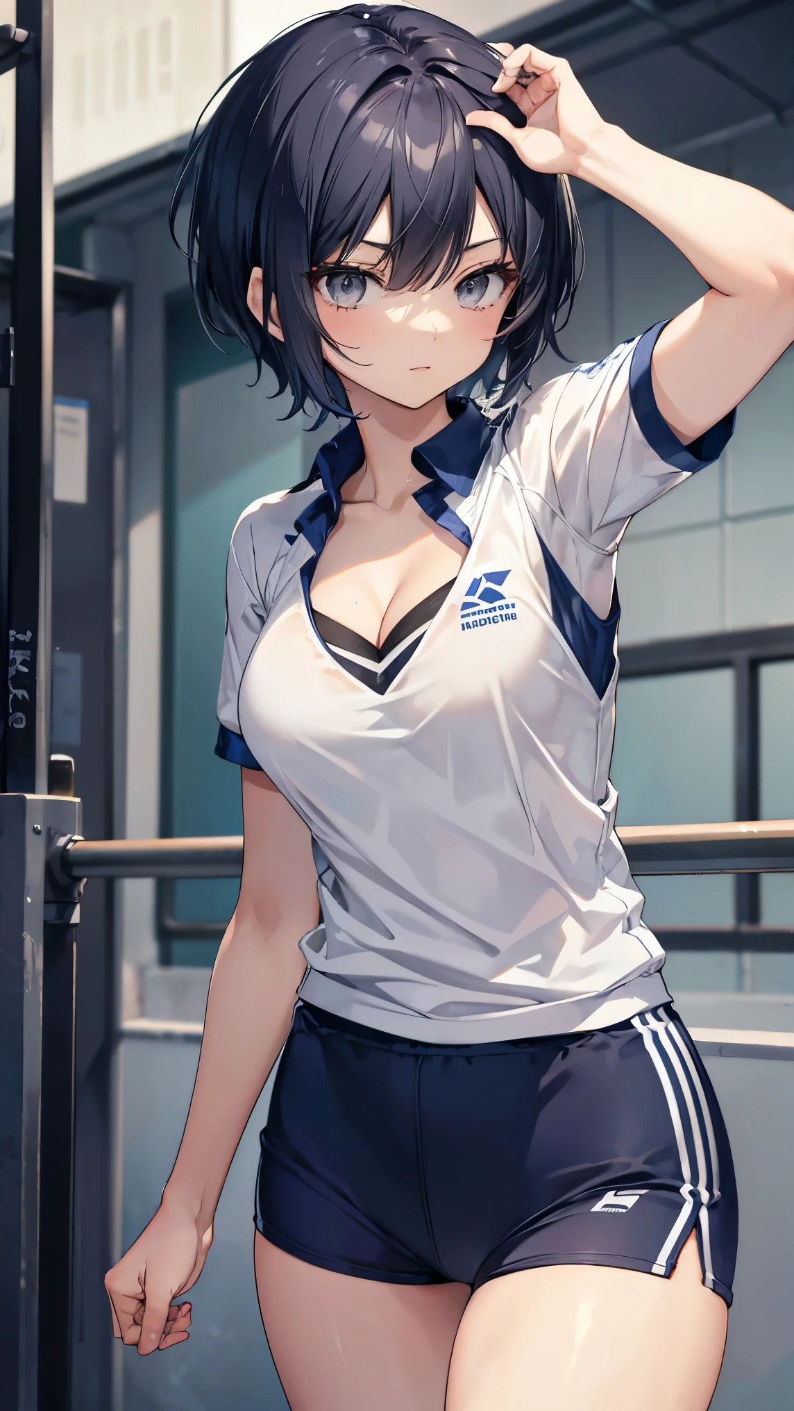 ((Highest quality、Masterpiece、Very detailed、4K))、One Woman、Beautiful Skin、White shirt、No sleeve、Shorts、(Purple Eyes)、(Gray Hair)、stand、((Rin々A beautiful smile))