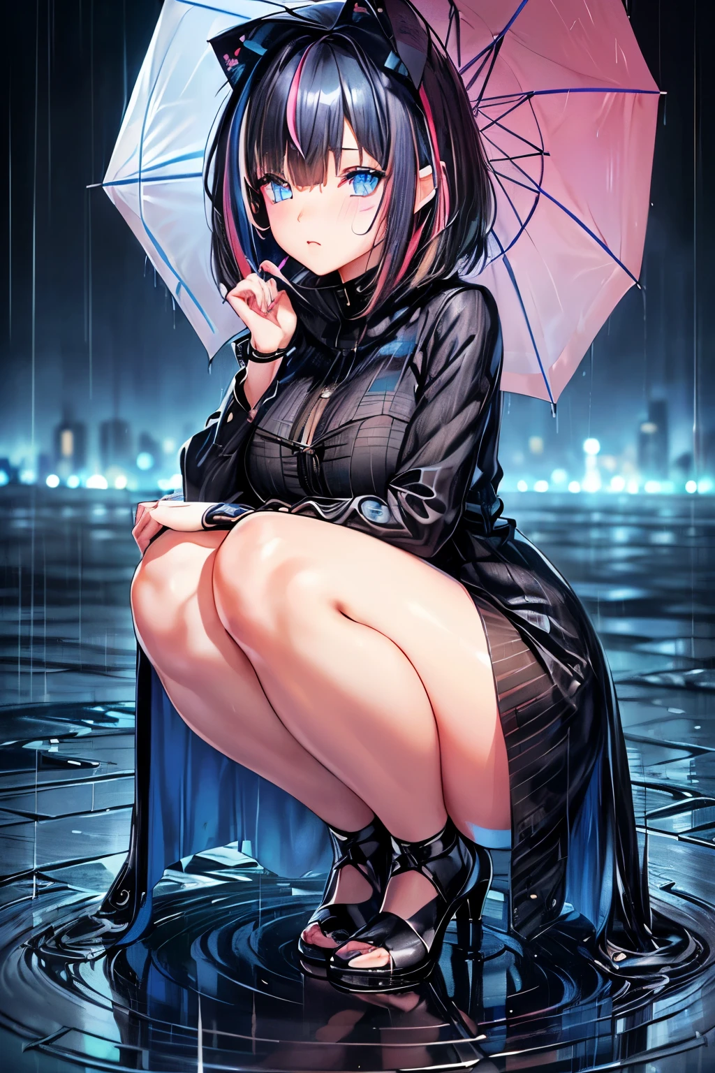 full body, (masterpiece, ultra quality:1.2, 4k, beautiful),(1girl, umbrella, rain, lightning, city(Secret Illustration,(cute, fair skin, (black Hair, inner blue hair:0.4, short medium hair, hairs between eyes) ,(Blue streaked hair),blue eyes, blush stickers) ,BREAK,(Shine, Sophisticated