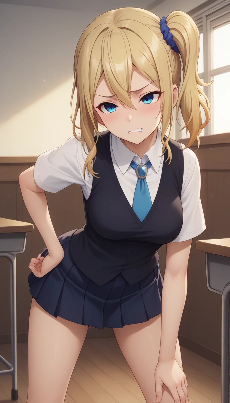 1girl, nsfw, houjousatoko, short hair, blonde hair, purple eyes ,hairband, ,　　, empty eyes , large breasts, nipple (Sweating profusely, Love juice, Wet Woman, female ejaculation), crying , alone, crying, Naked, 独奏, 1girl, 　classroom, , Peeing, lactation, projectile lactation