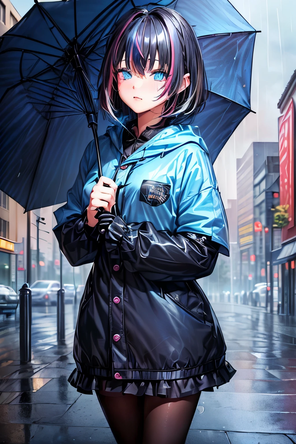 full body, (masterpiece, ultra quality:1.2, 4k, beautiful),(1girl, umbrella, rain, lightning, city(Secret Illustration,(cute, fair skin, (black Hair, inner blue hair:0.4, short medium hair, hairs between eyes) ,(Blue streaked hair),blue eyes, blush stickers) ,BREAK,(Shine, Sophisticated